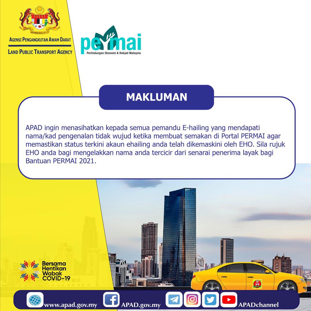 Agensi Pengangkutan Awam Darat Apad Makluman Apad Ingin Menasihatkan Kepada Semua Pemandu E Hailing Yang Mendapati Nama Kad Pengenalan Tidak Wujud Ketika Membuat Semakan Di Portal Permai Agar Memastikan Status Terkini Akaun