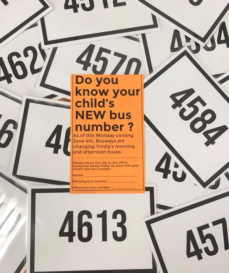 Our new bus numbers ready for... - Trinity C.P.S Kemps Creek