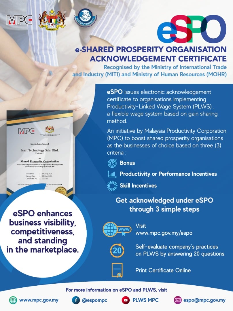 Malaysia Productivity Corporation Mpc E Shared Prosperity Organisation Espo Acknowledgement Certificate Get Acknowledged By The Ministry Of International Trade And Industry Miti And Ministry Of Human Resources Mohr As A Shared Prosperity