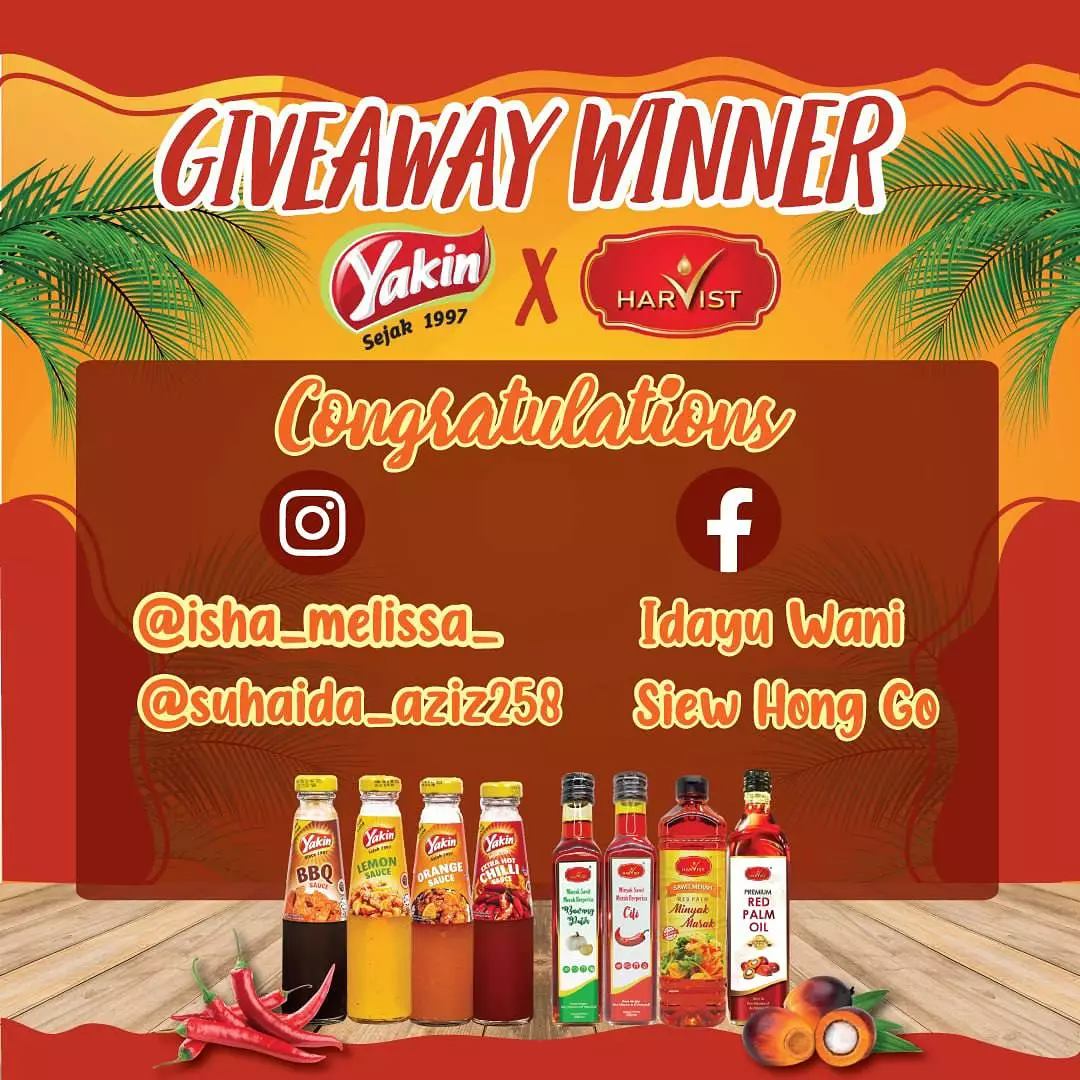 Yakin Sedap Tahniah Kepada Semua Pemenang Giveaway Yakin Sedap Sdn Bhd Dan 𝗛𝗮𝗿𝘃𝗶𝘀𝘁 𝗥𝗲𝗱 𝗣𝗮𝗹𝗺 𝗢𝗶𝗹 Terlalu Banyak Penyertaan Dengan Slogan Slogan Yang Best Best Jadi Disini Kami Sudah Memutuskan Pemenang Yang