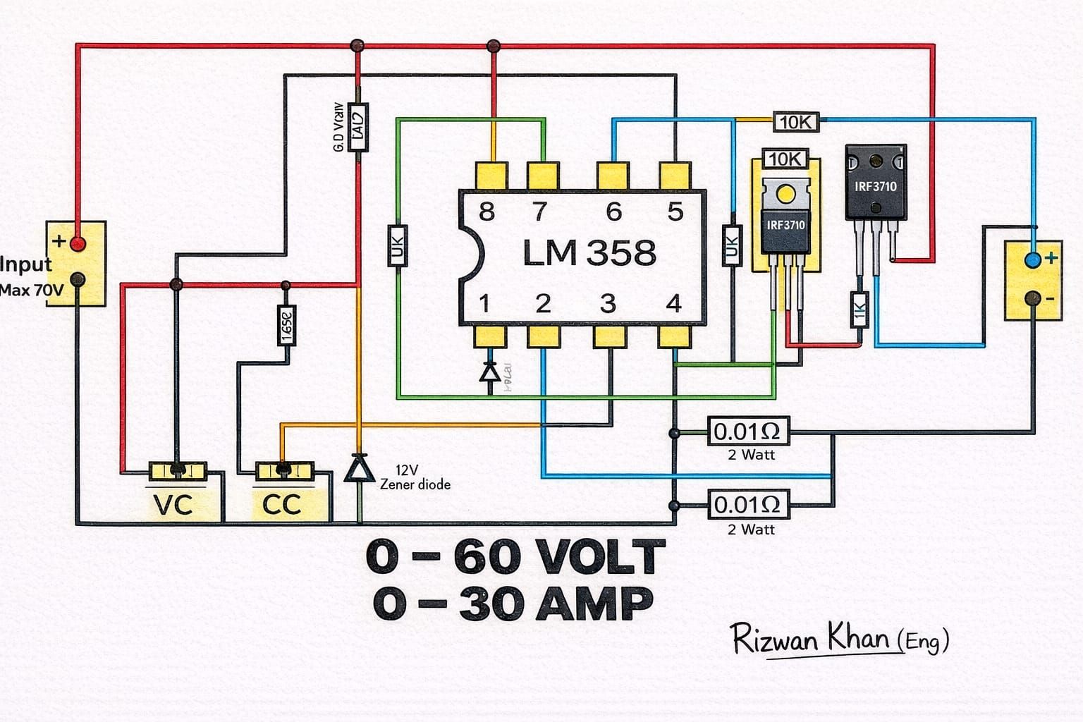 Adjustable power supply circuit 0-60V high current power supply 