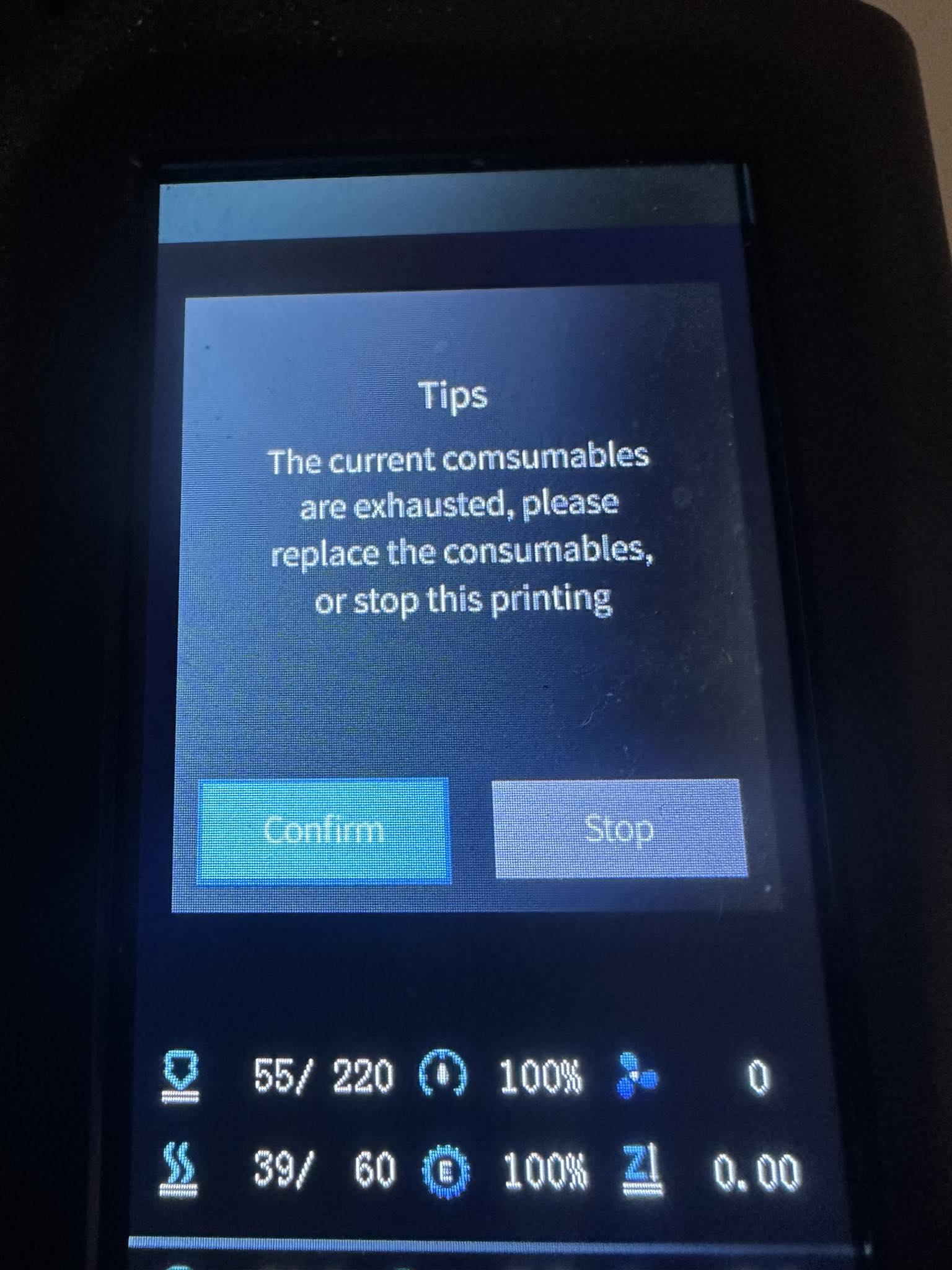 What does this Ender 3 Neo screen message mean?