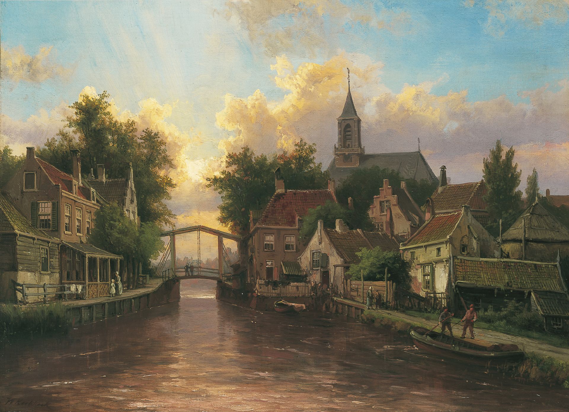 Dutch canal scene painting by 19th century artist