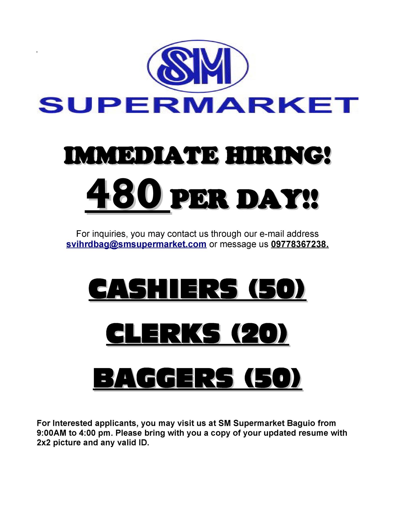 SM SUPERMARKET NEEDS THE FOLLOWING: CASHIERS (50) CLERKS (20) BAGGERS ...