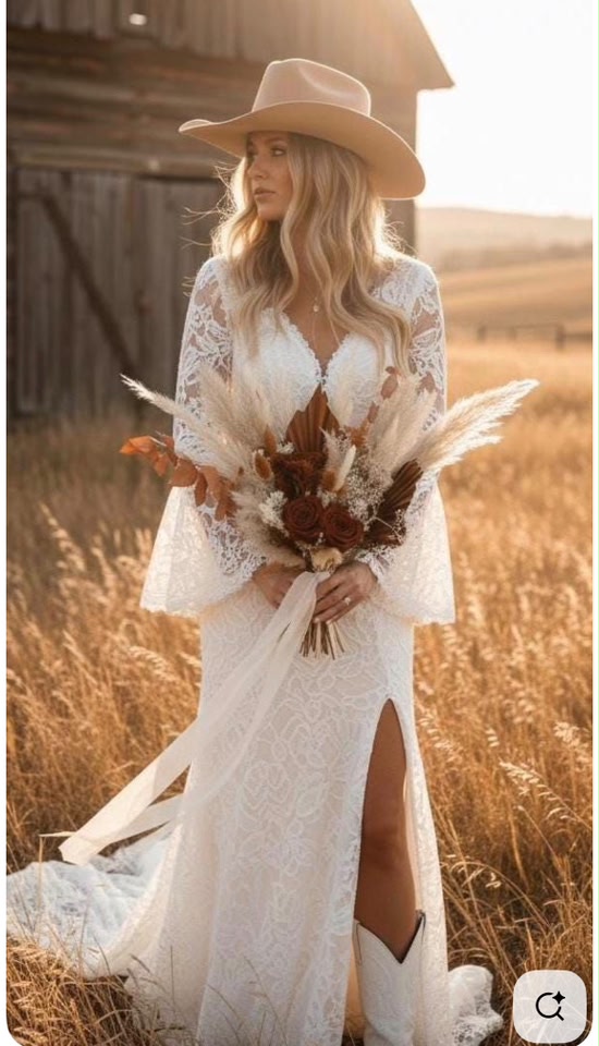 vintage western wedding dresses Queen Anne Neckline Boho A-Line Maxi Lace Sleeved Wedd – DorrisDress wb4/25/25 Color:Autumn Leaves Valentino Fall 2020 Haute