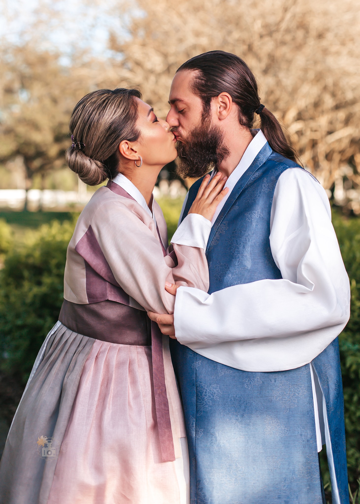 Miju and Justin on their engagement shoot wearing traditional Korean Dress called Hanbok. Such a lovely couple. Both are adorable