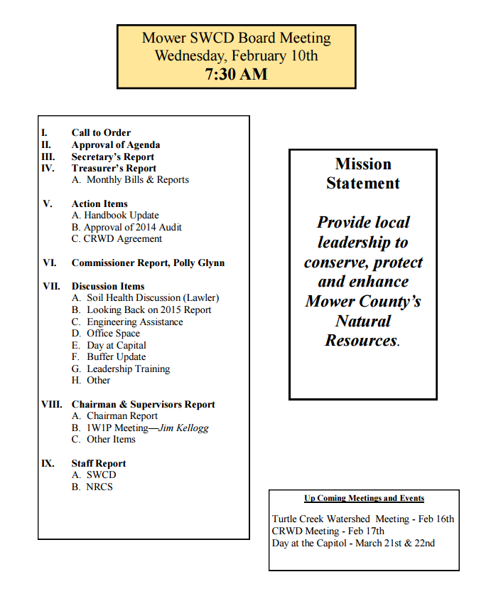 Mower - Agenda for the monthly Mower SWCD board of supervisors' meeting ...