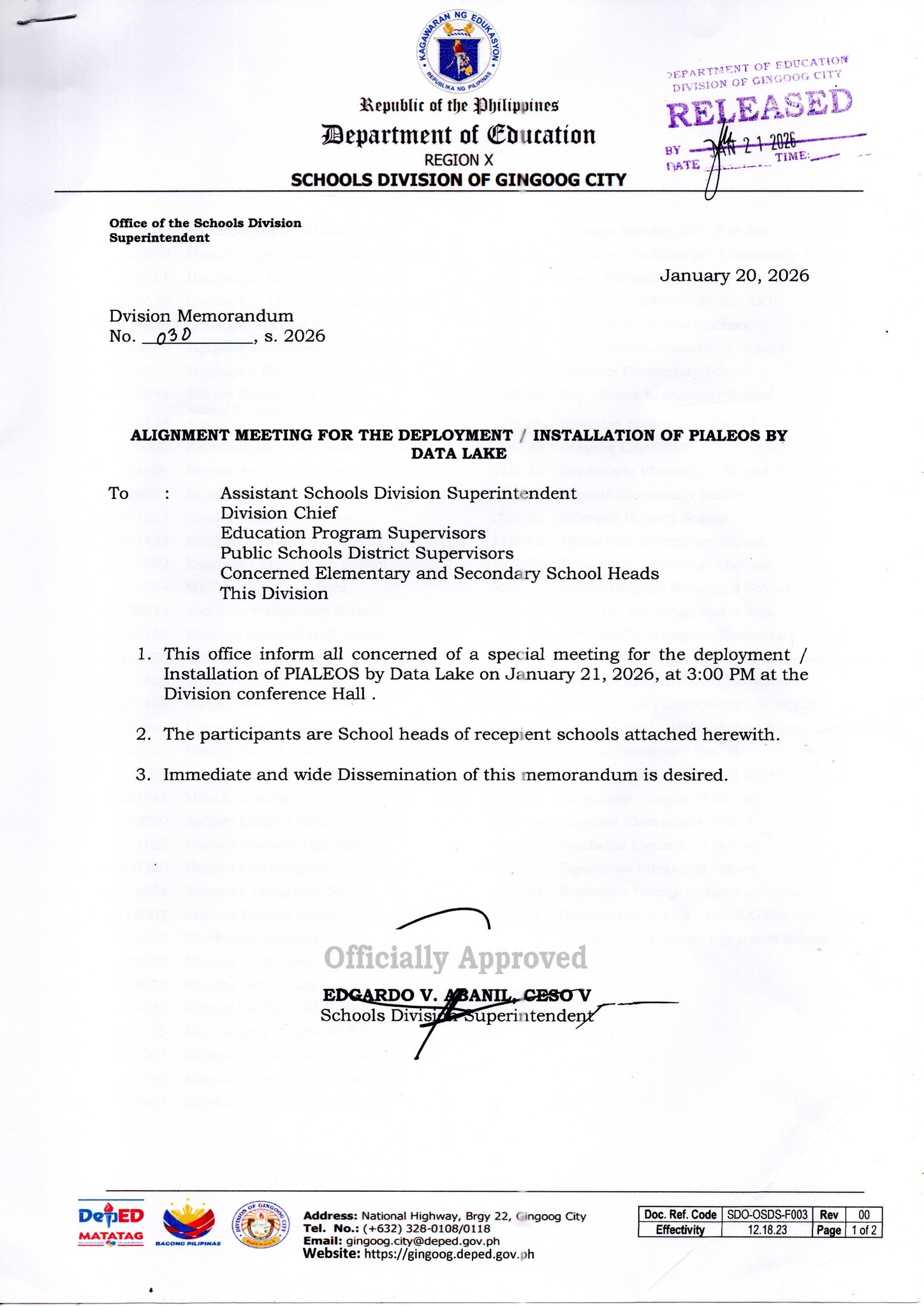 DepEd Gingoog - DM No. 030, s. 2026 - Alignment Meeting... | Facebook