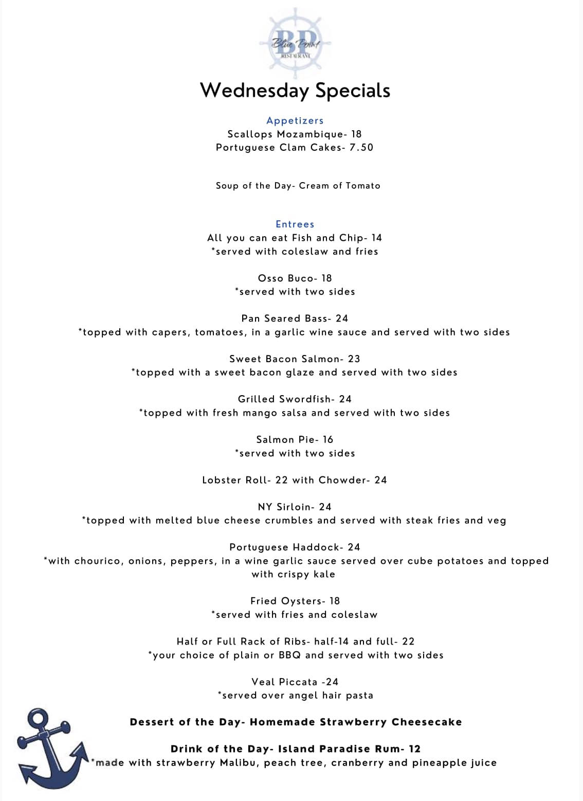 Here is our Wednesday Specials‼️... - Blue Point Restaurant