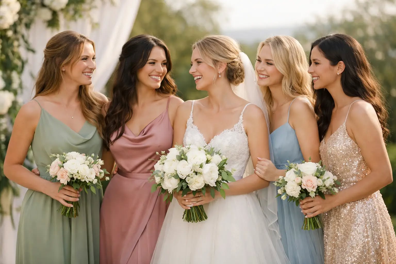 Bridesmaids can wear different dresses with a shared color palette