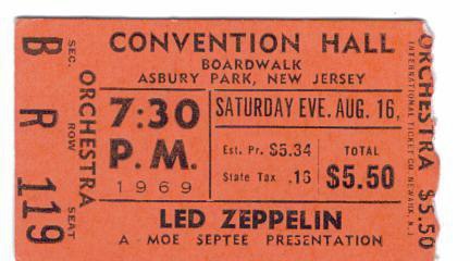 チケット LED ZEPPELIN, CONVENTION HALL, BOARDWALK, ASBURY PARK, NJ. August