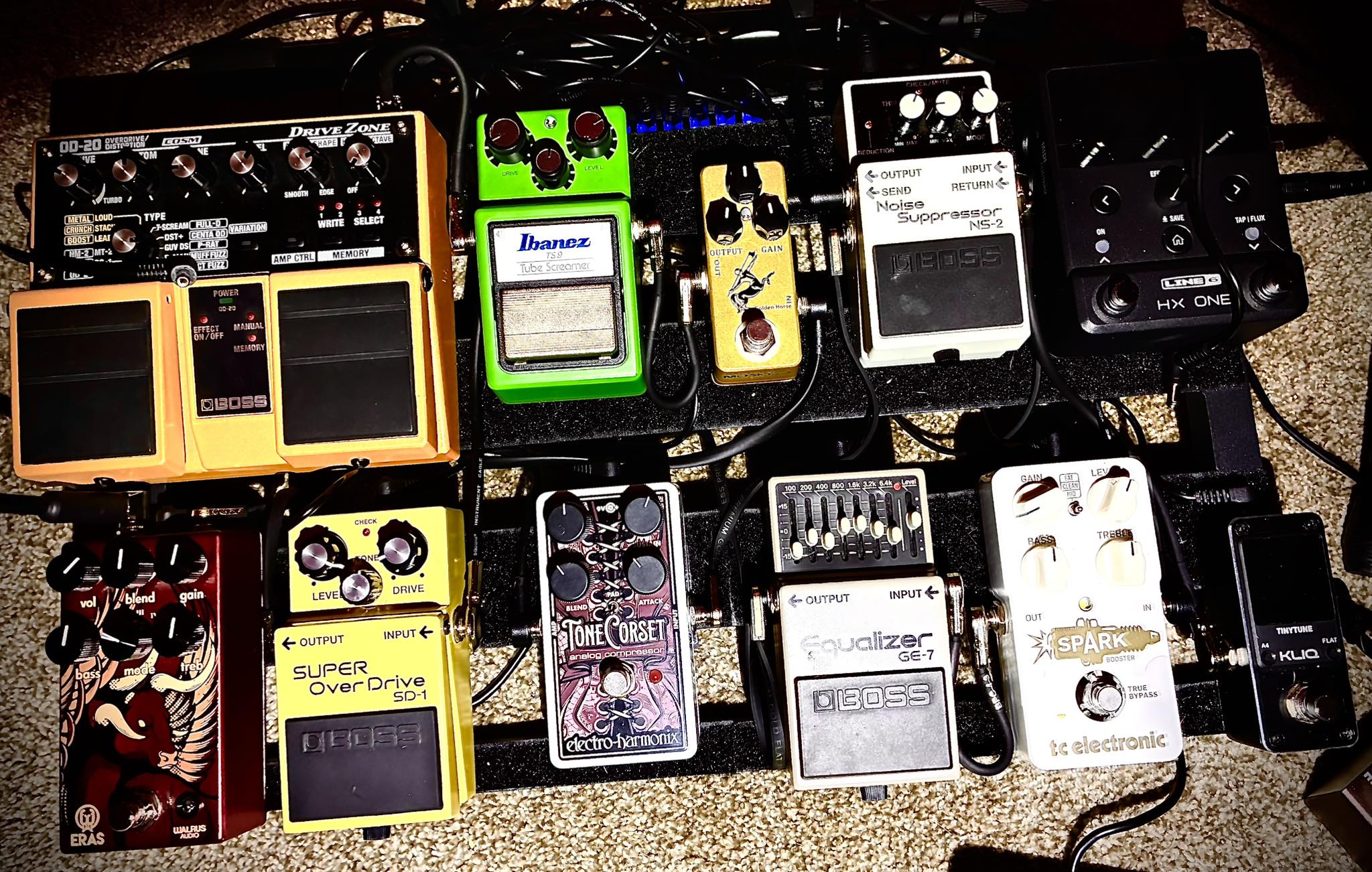 Guitar effects pedalboard with Boss, Ibanez, and Electro-Harmonix