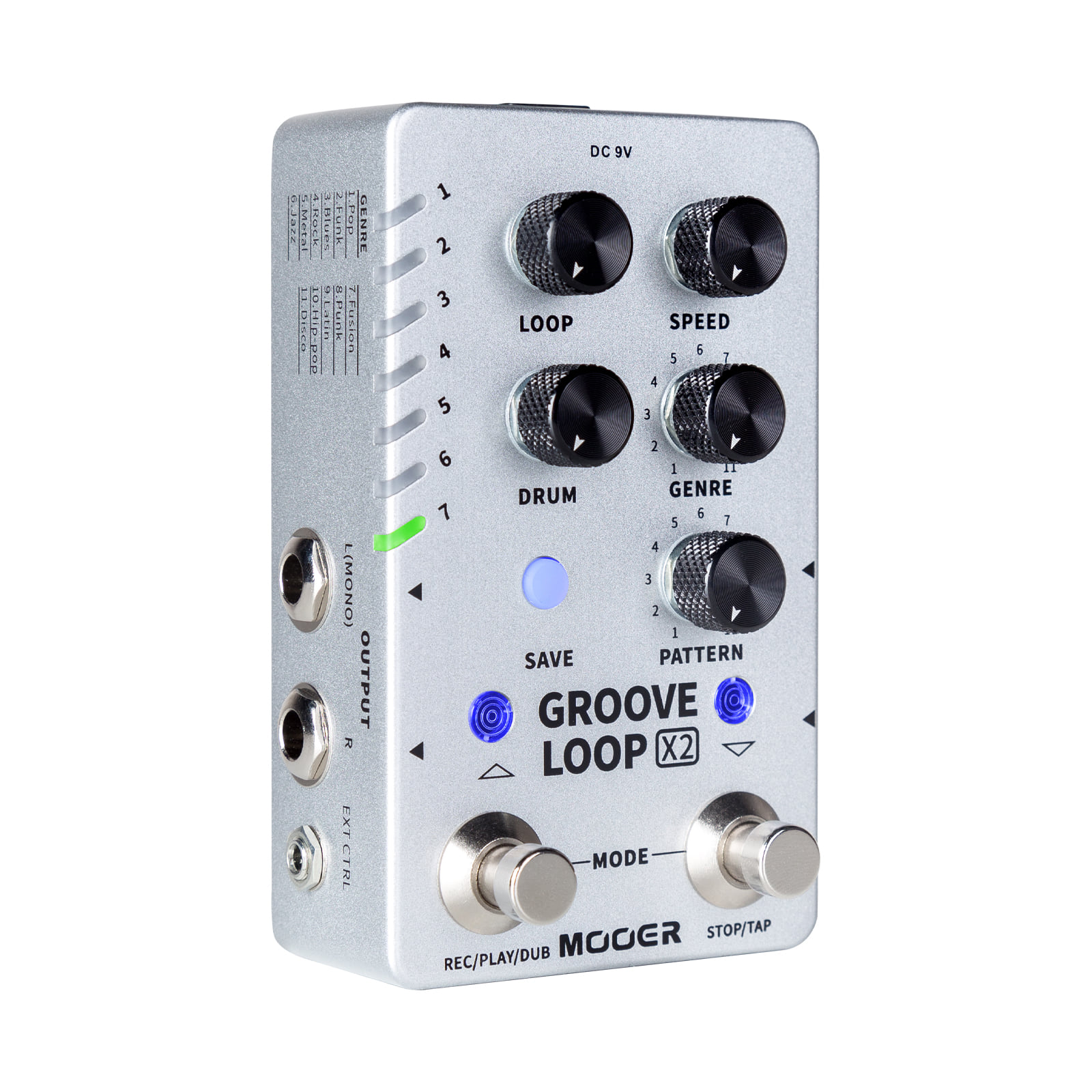 Mooer Groove Loop X2 looper and drum machine pedal features
