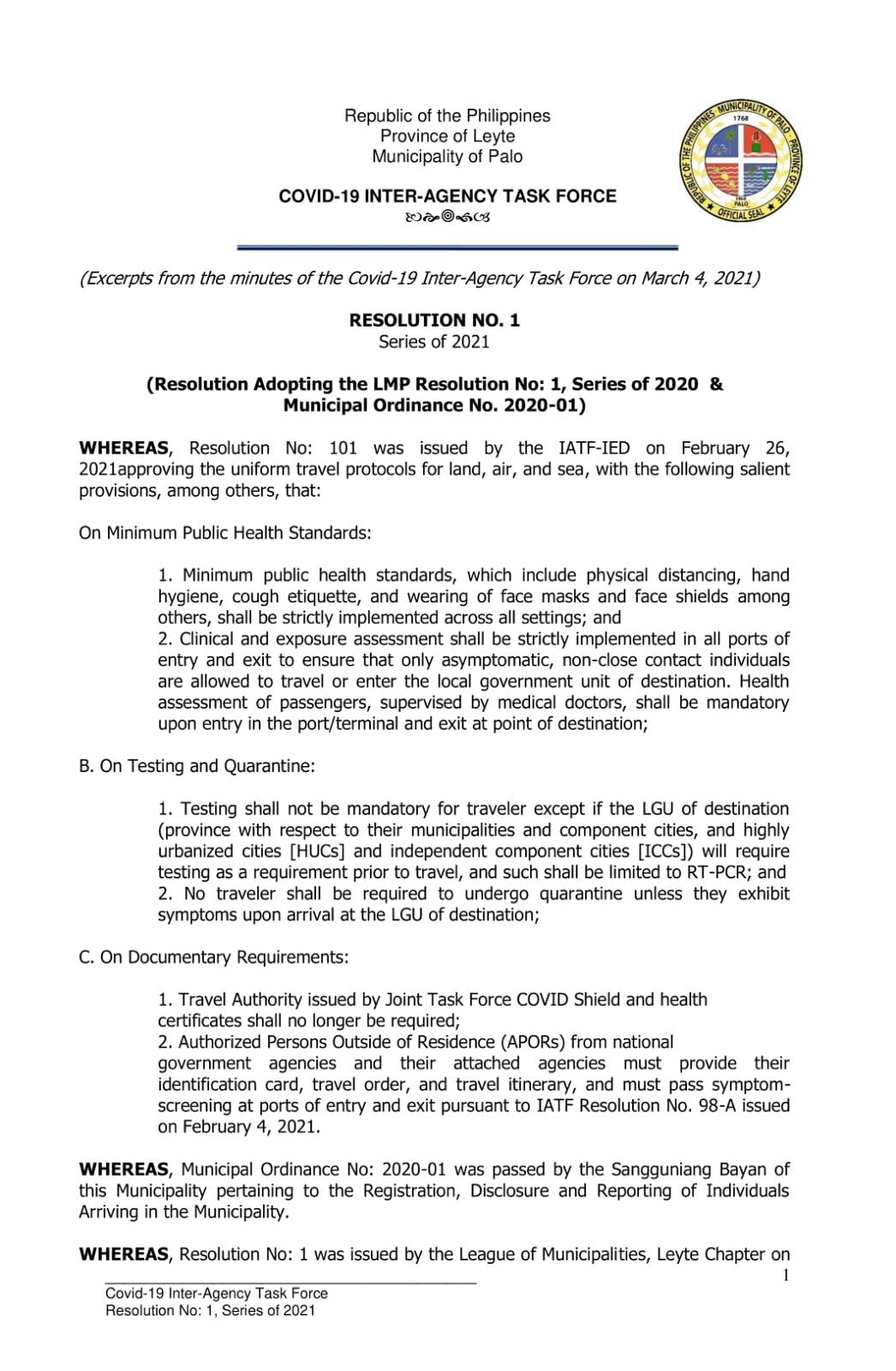 LGU of Palo - MIATF RESOLUTION NO. 1 SERIES 2021... | Facebook