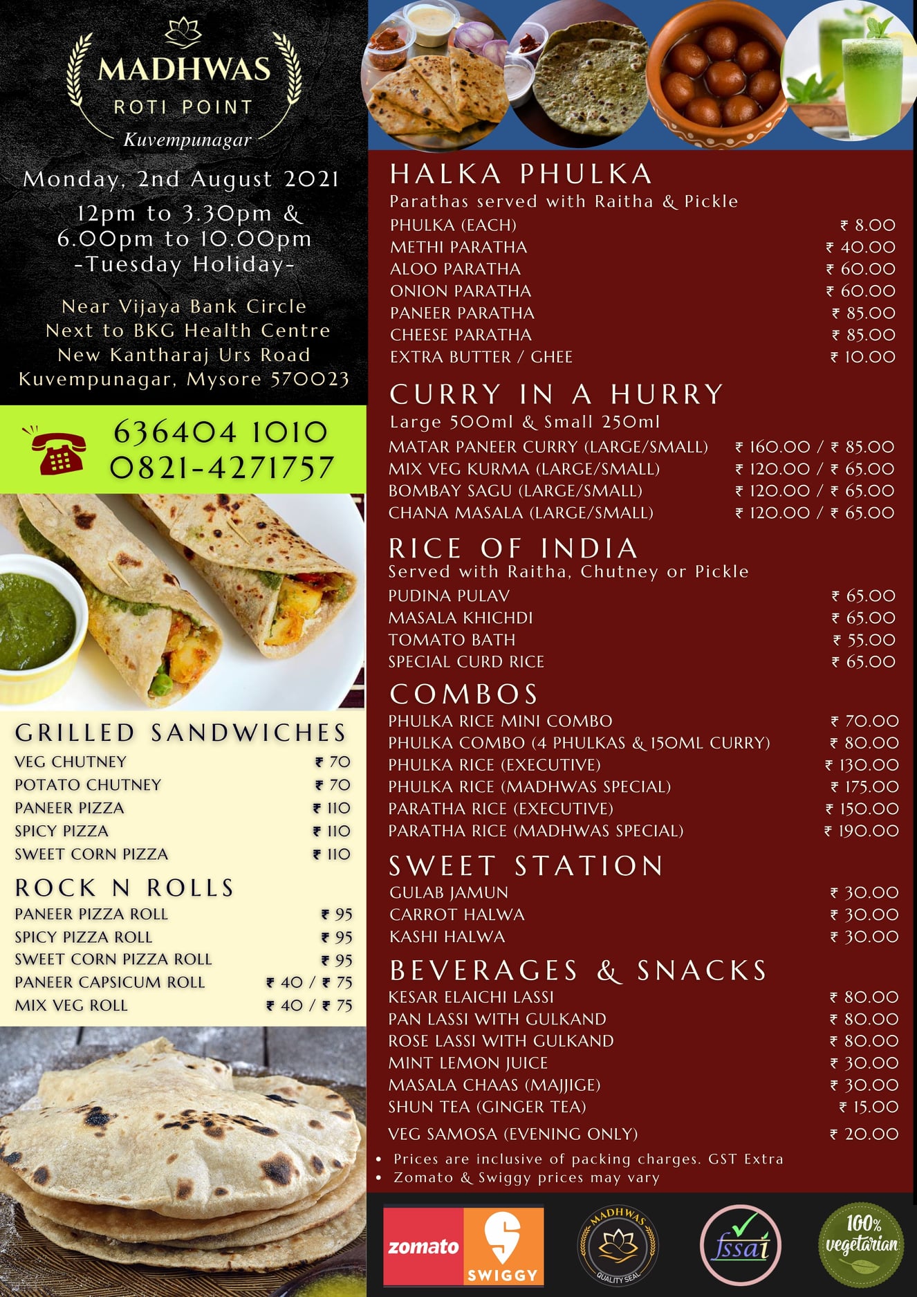 Today's menu (Monday. 2nd Aug... - Madhwas Roti Point TM | Facebook