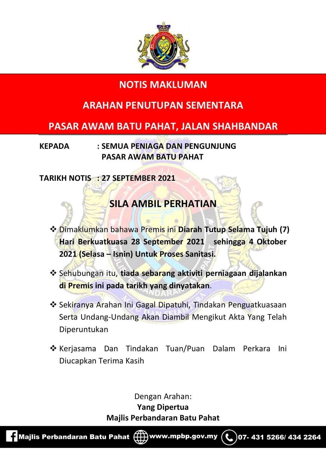 Ahad 12 September 2021 Majlis Perbandaran Batu Pahat Facebook
