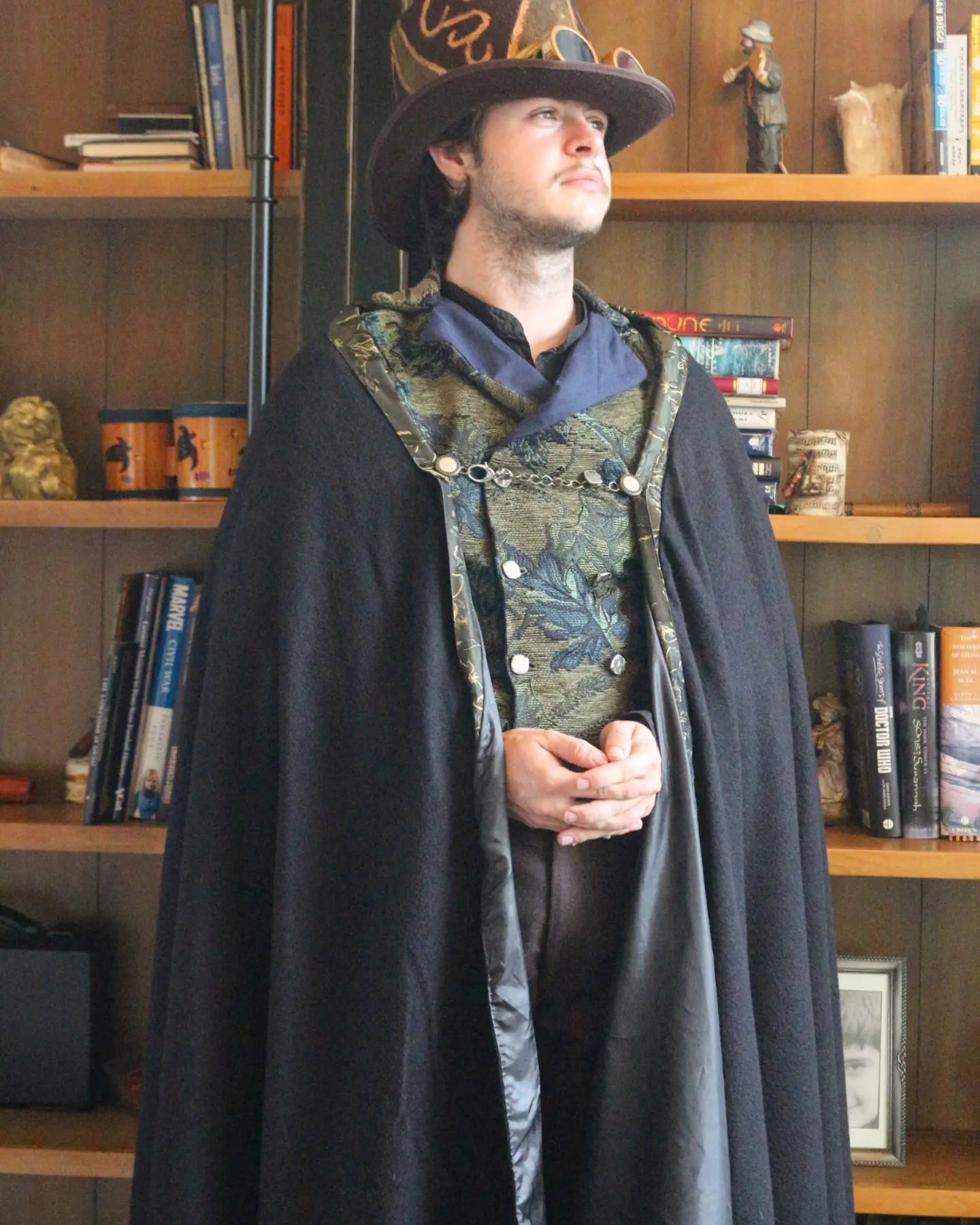 Victorian-style wool winter cape with high collar