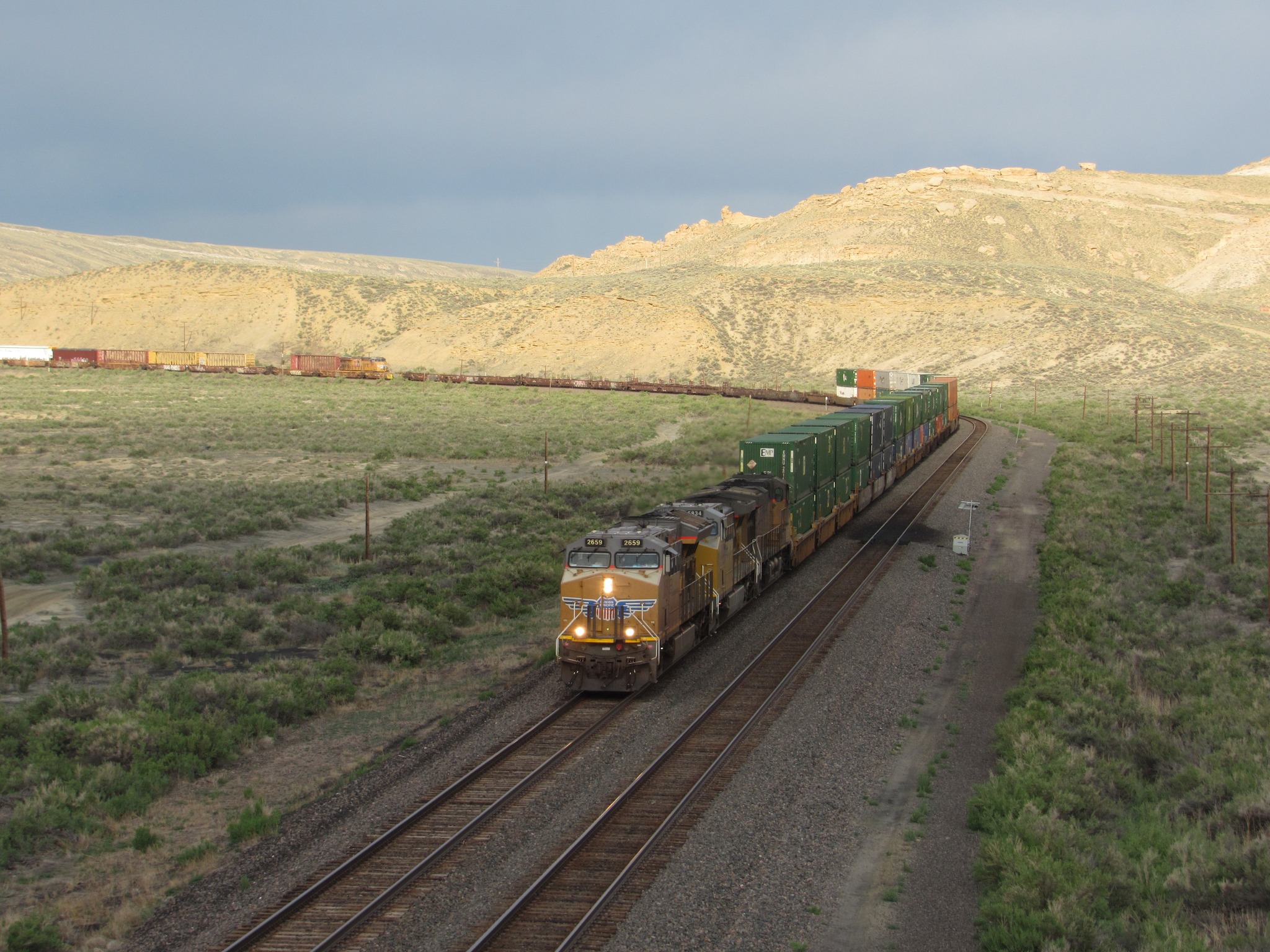 Union Pacific GP30s leading freight train in Green River, Wyoming