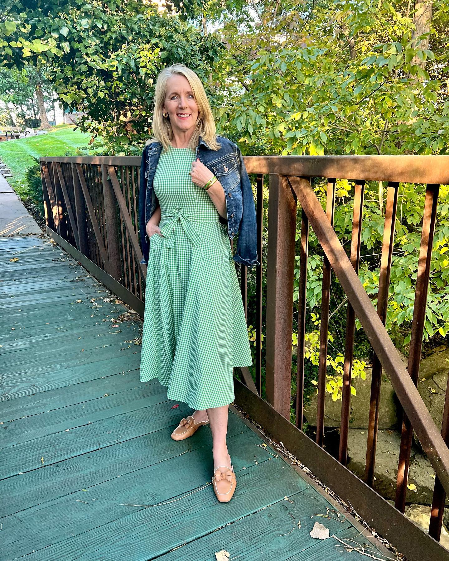 denim jacket with green dress This from FC is perfect to make a transition into Fall! 🍂🤎✨ sage green dress with jacket