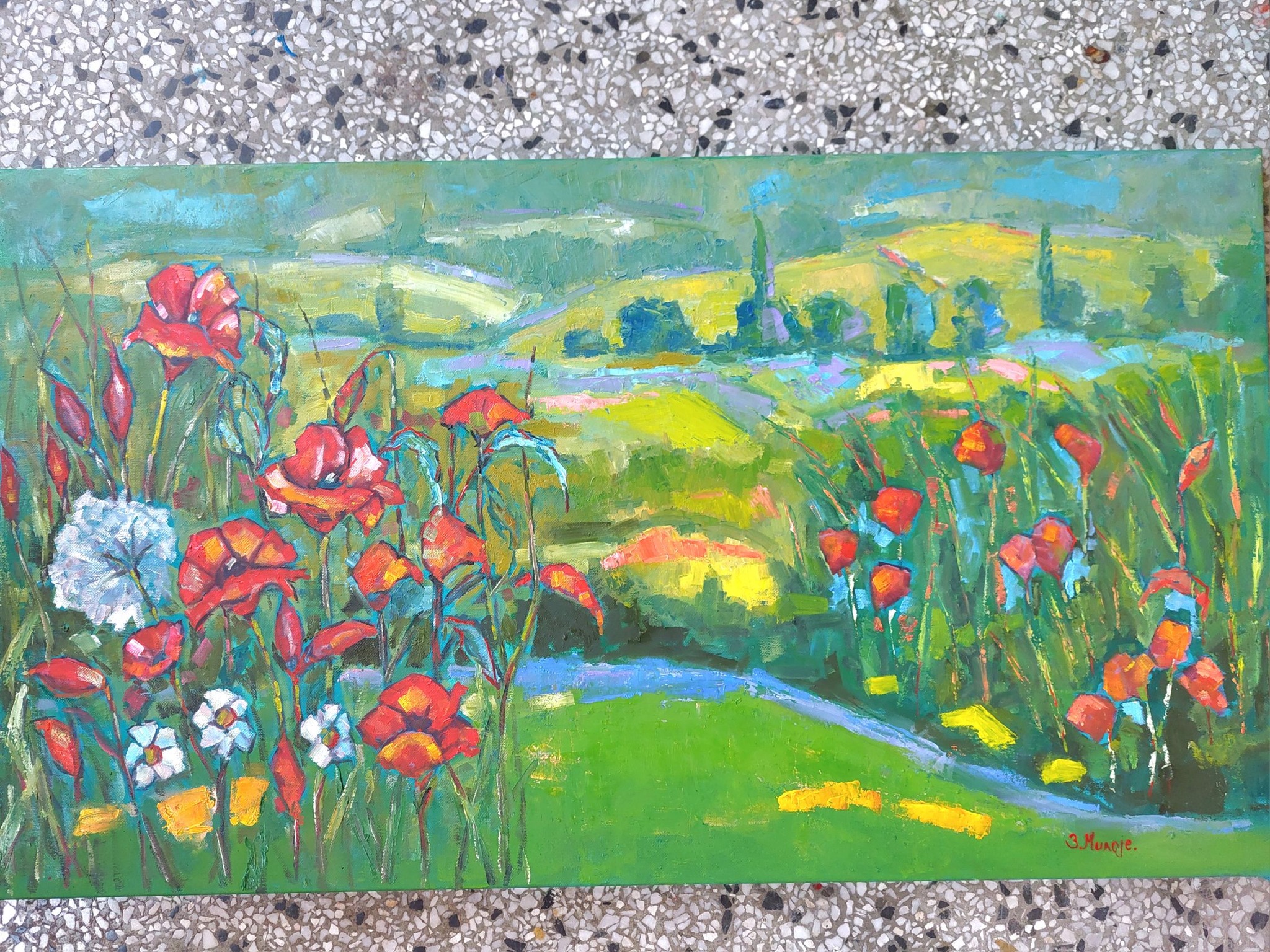三月の川 ] 410 x 318 mm 2013 キャンバスに油彩 花見 宴 * 作者蔵