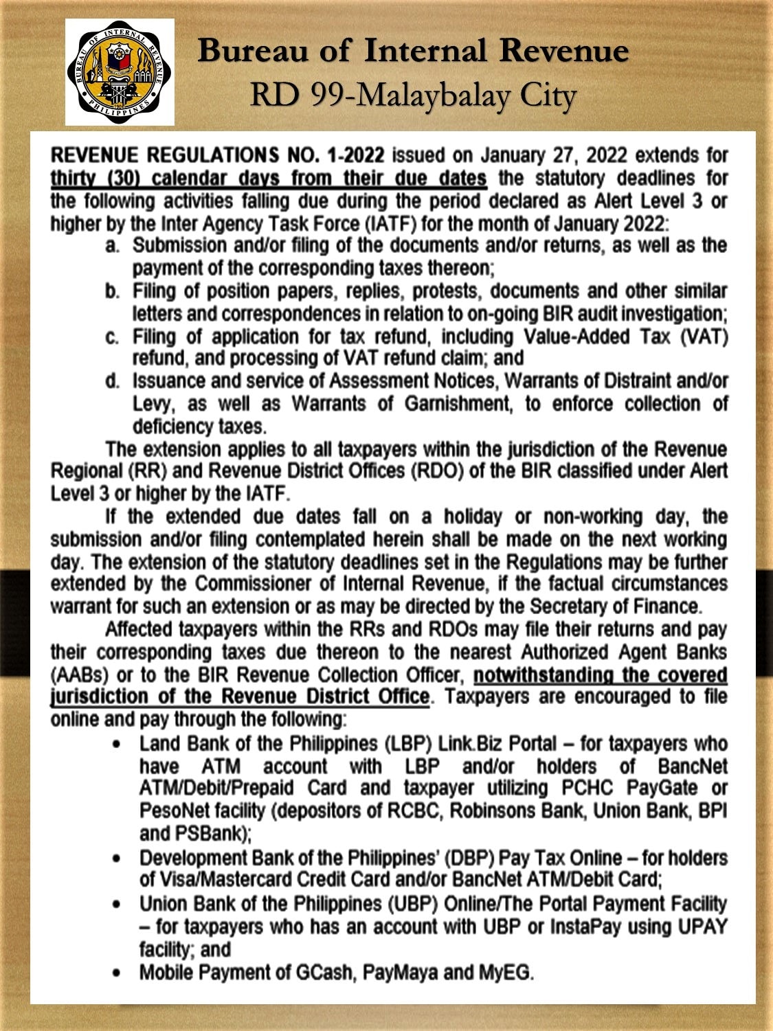 Deadlines Extended!!!!! - BIR RDO 99 Bukidnon | Facebook