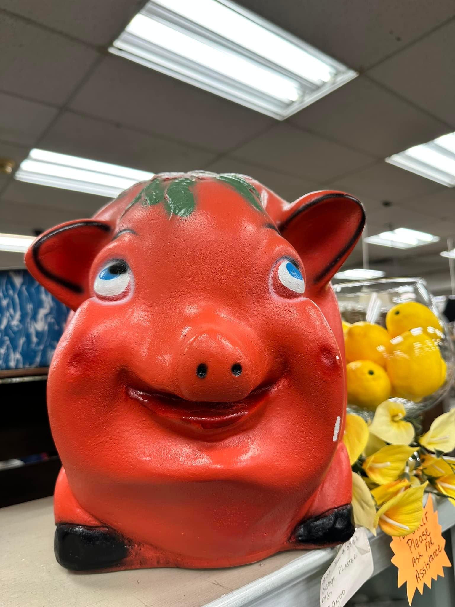 $95 hefty smiling plastic pig. Plastic bowl of lemons for scale
