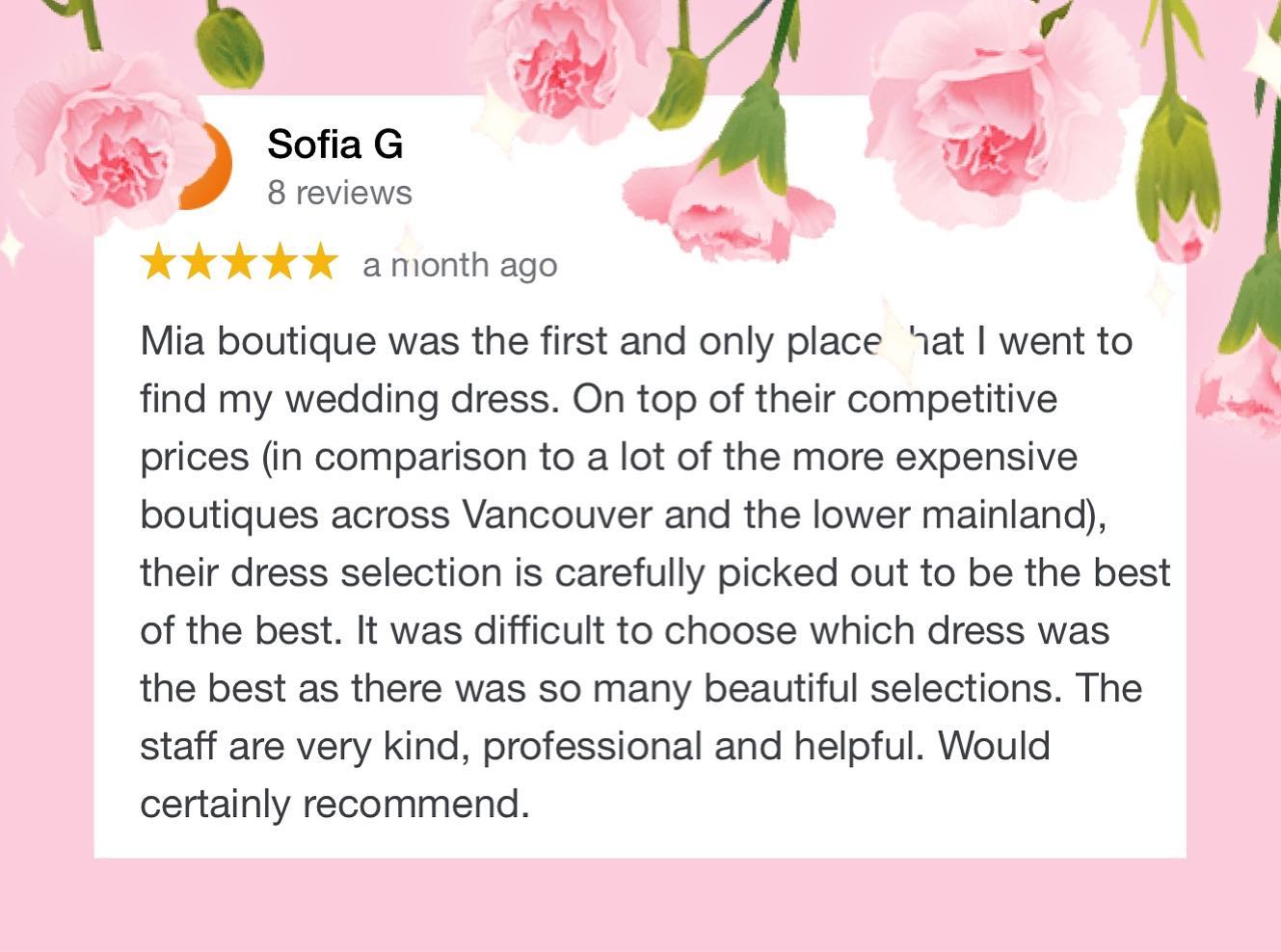 Mia Boutique Thank You Sofia For Your 5 Star Review And Your Compliment On Our Dress Selections We Still Remember How Gorgeous You Looked In The Wedding Dress Thank You