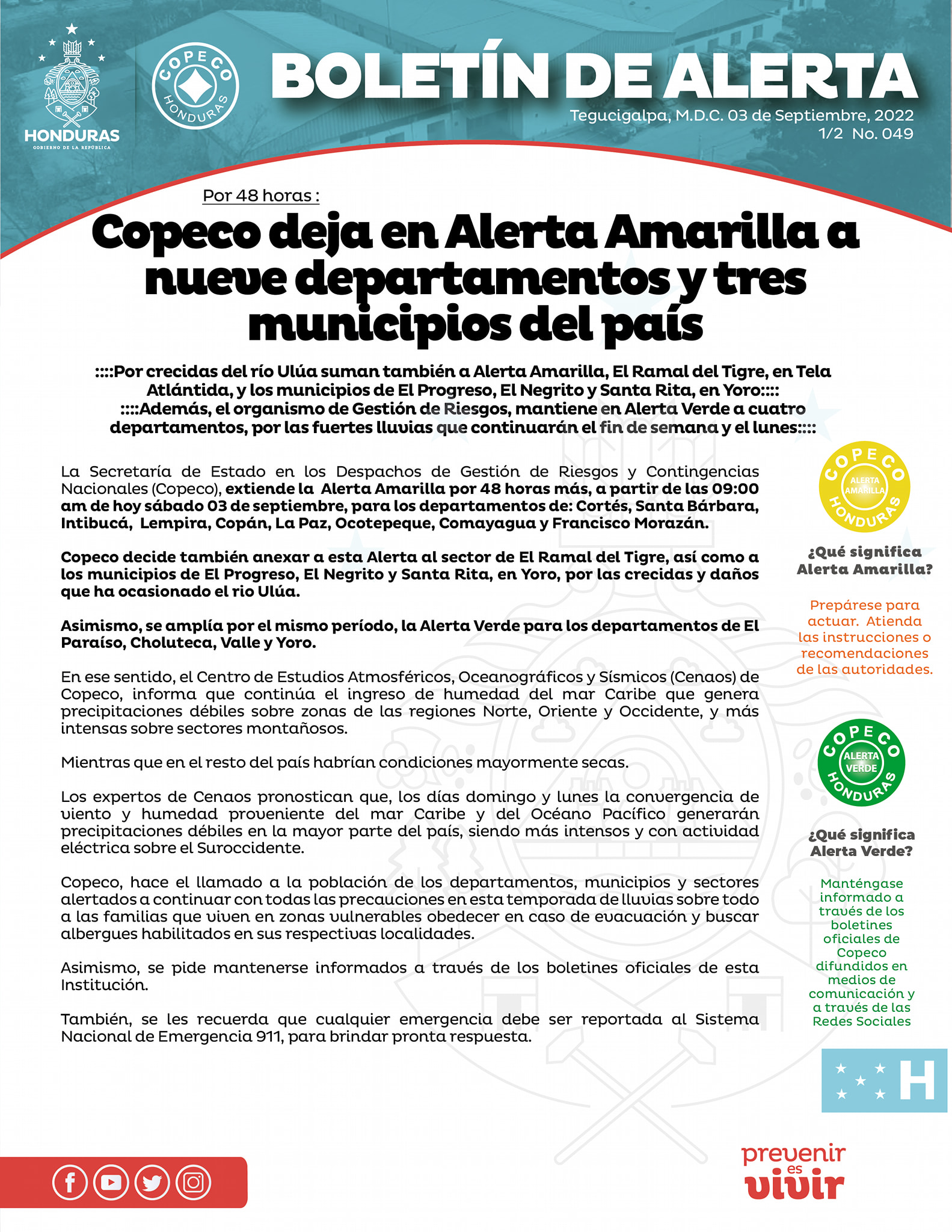 COPECO - 📢 Boletín de Alerta No. 049-2022 Copeco deja en... | Facebook
