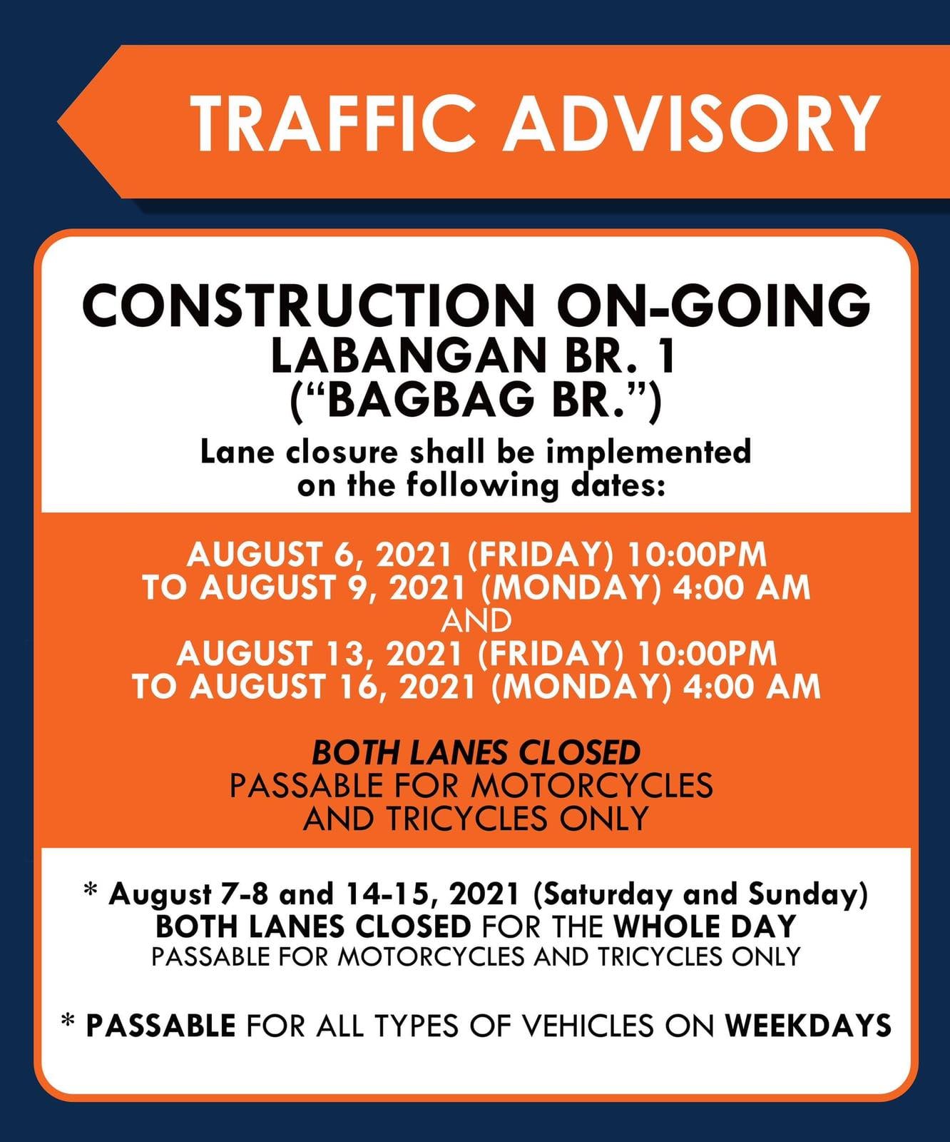 DPWH Regional Office III - TRAFFIC ADVISORY: Labangan Bridge 1 Lane ...