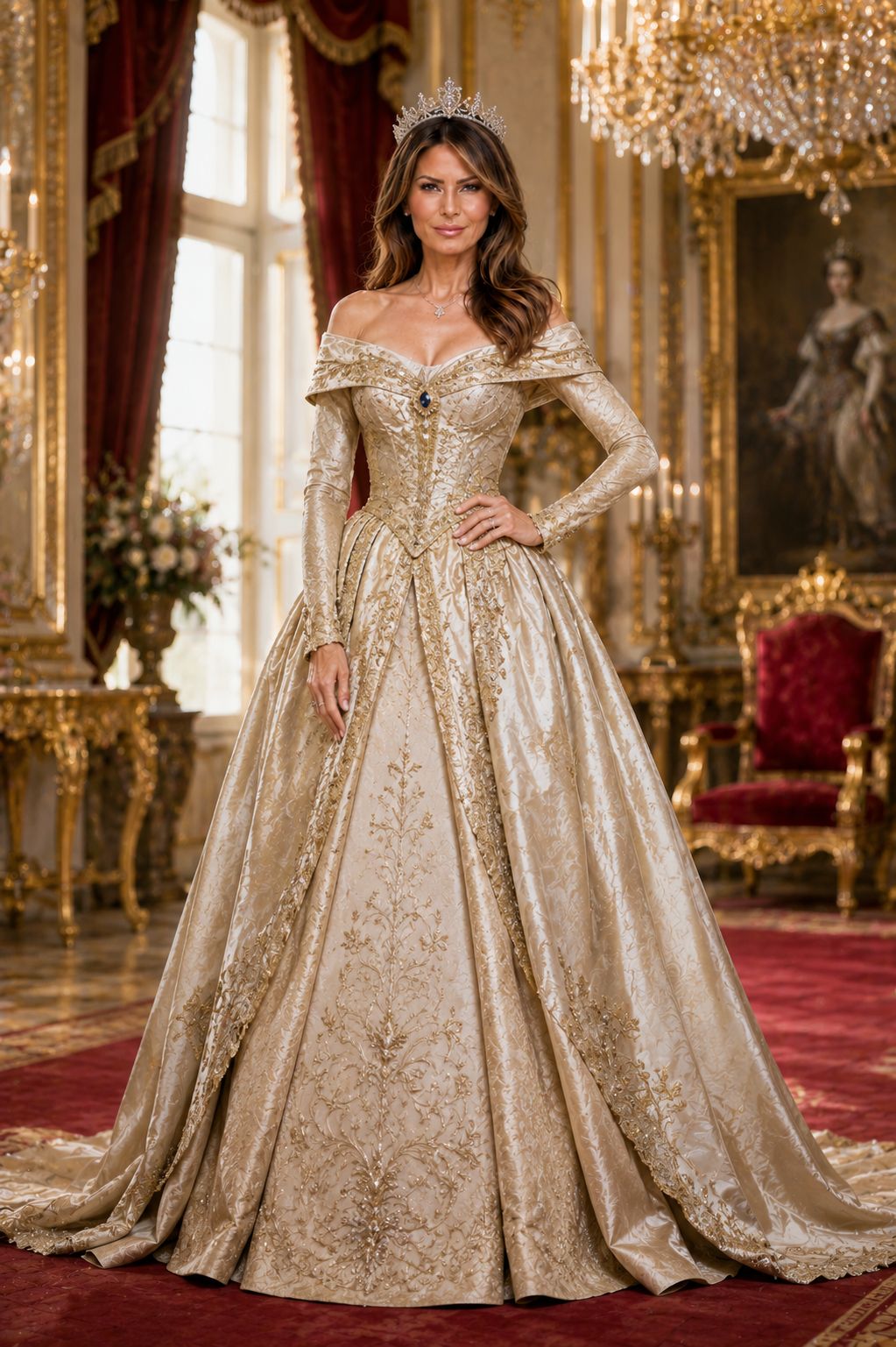 Melania Trump as a queen in a stunning gold wedding dress