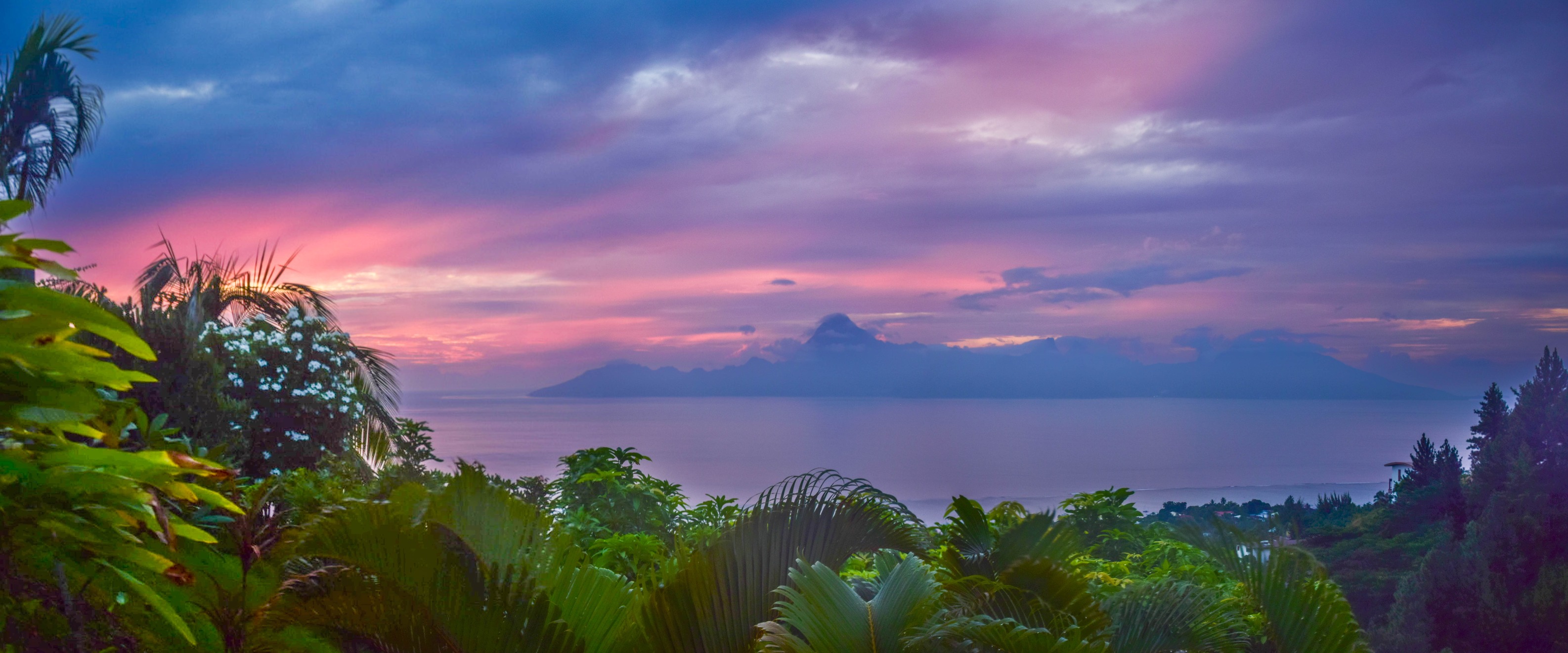 Surreal Tahitian sunset overlooking the island of Mo'orea