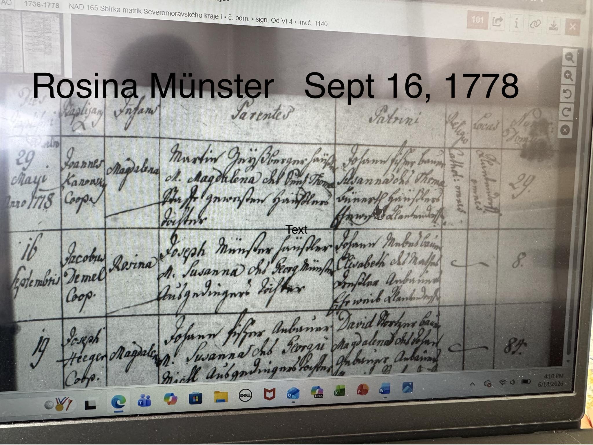 ぽむ What does the 1778 record say about Rosina Münster's parents?