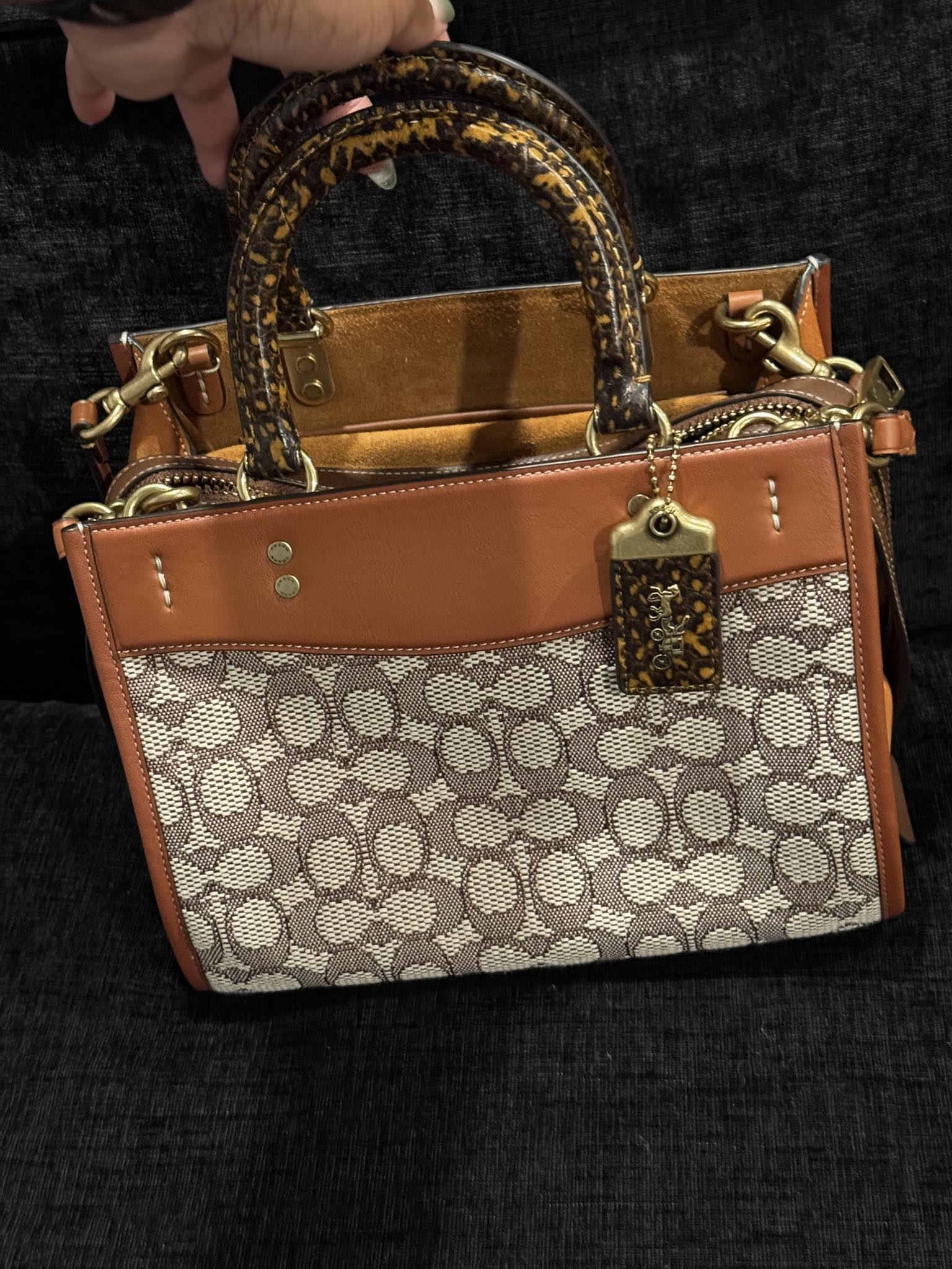 Rogue 25 brown signature jacquard handbag with snakeskin top handles