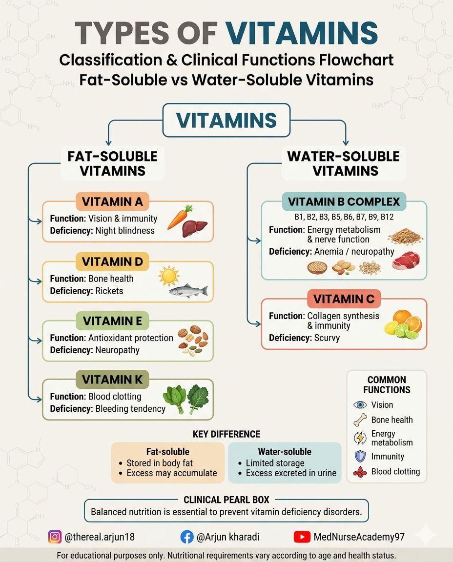 Vitamins are classified into fat-soluble and water-soluble groups, each with distinct functions, storage mechanisms, and deficiency disorders. ⚠️Disclaimer- For educational purposes only. Not medical advice. Consult a qualified healthcare