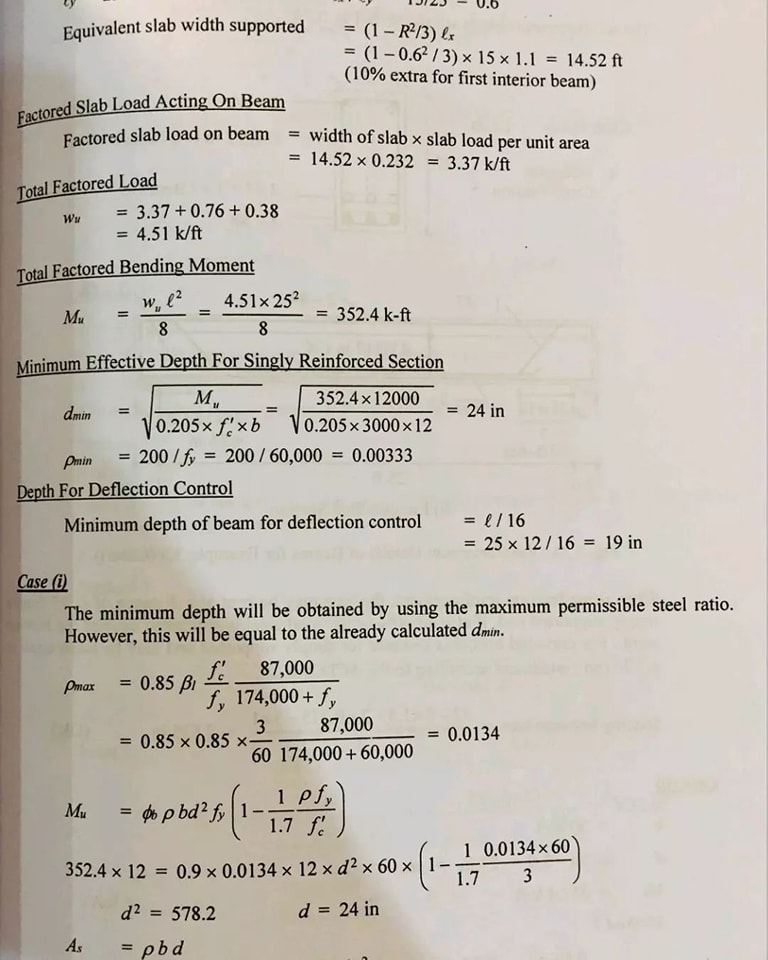 Calculation notebook for the design of a beam having a slab 25ft×15ft
