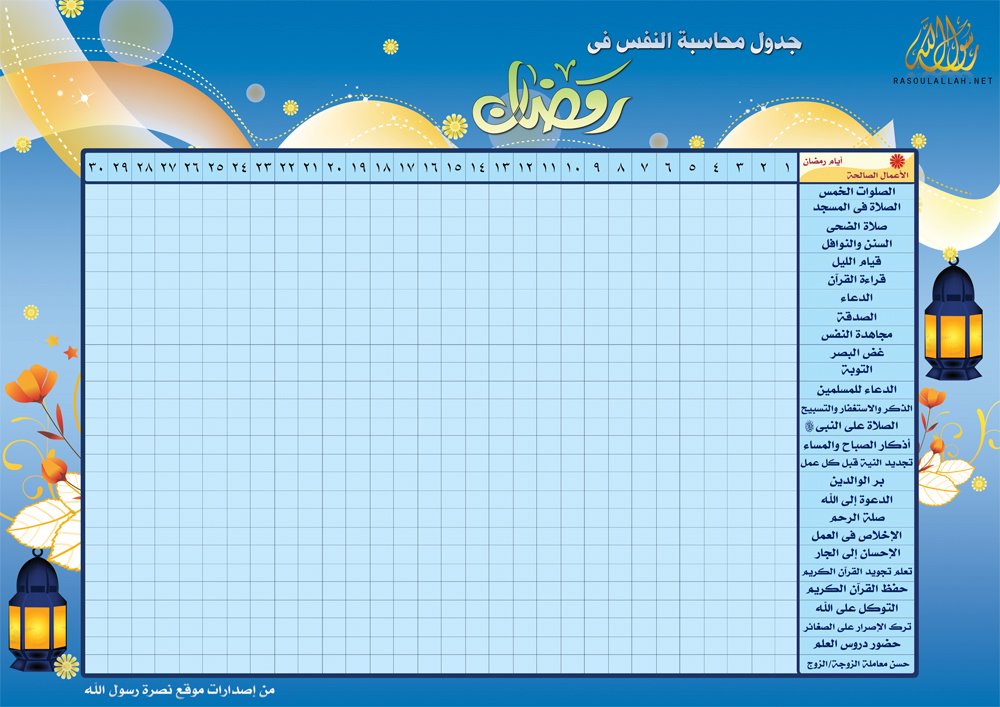 موقع رسول الله صلى الله عليه و سلم Rasoulallah Net جدول مقترح ببعض النقاط للمتابعة و عدم تفويت أحد الأعمال خلال الشهر يمكن طباعته و الاحتفاظ به في مكان ظاهر