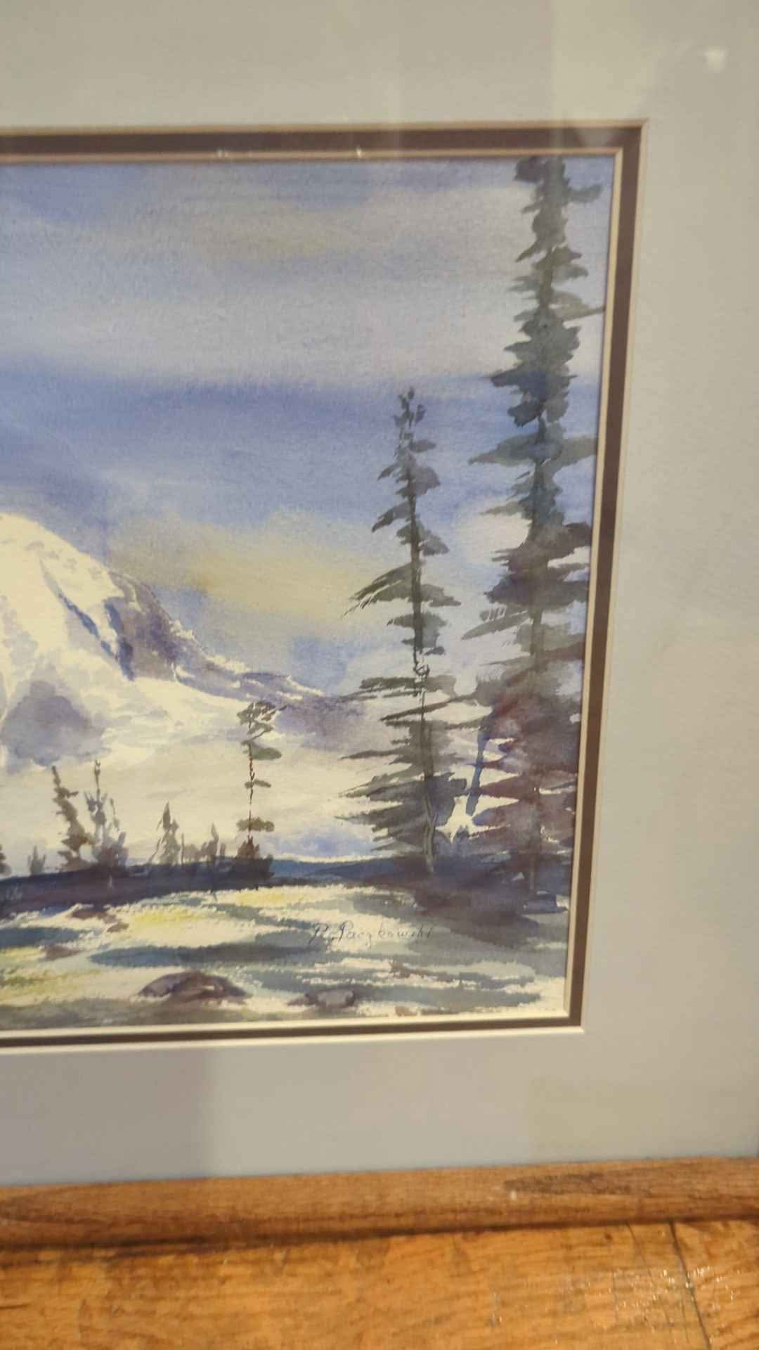 Framed vintage watercolor of Mt. Ranier (I believe) by Robert Paczkowski.