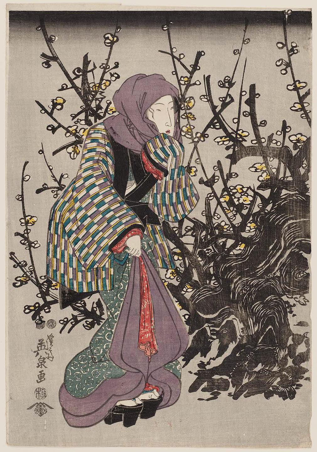 浮世絵 - Woman by Plum Tree at Night — 1847 Keisai Eisen (渓斎 英