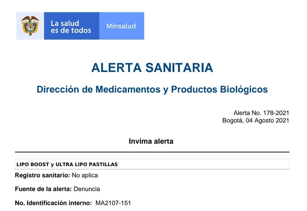 AlertaSanitaria 🚨 sobre LIPO BOOST y ULTRA LIPO PASTILLAS Invima, advierte a la ciudadanía sobre la comercialización fraudulenta de estos productos promocionados presuntamente para bajar de peso y como quemadores de grasa