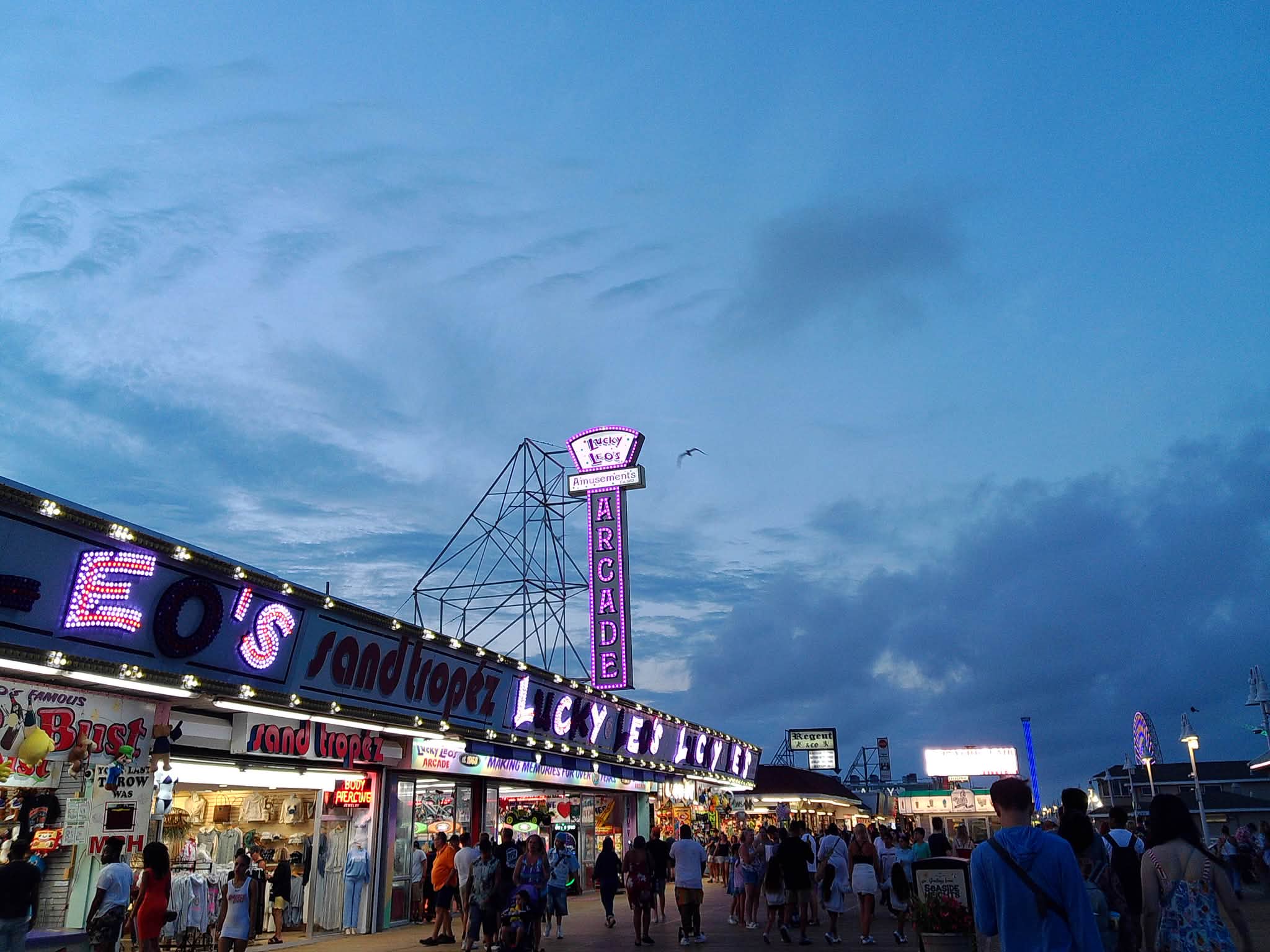 Seaside Heights boardwalk at dusk with Larry Clews arcade