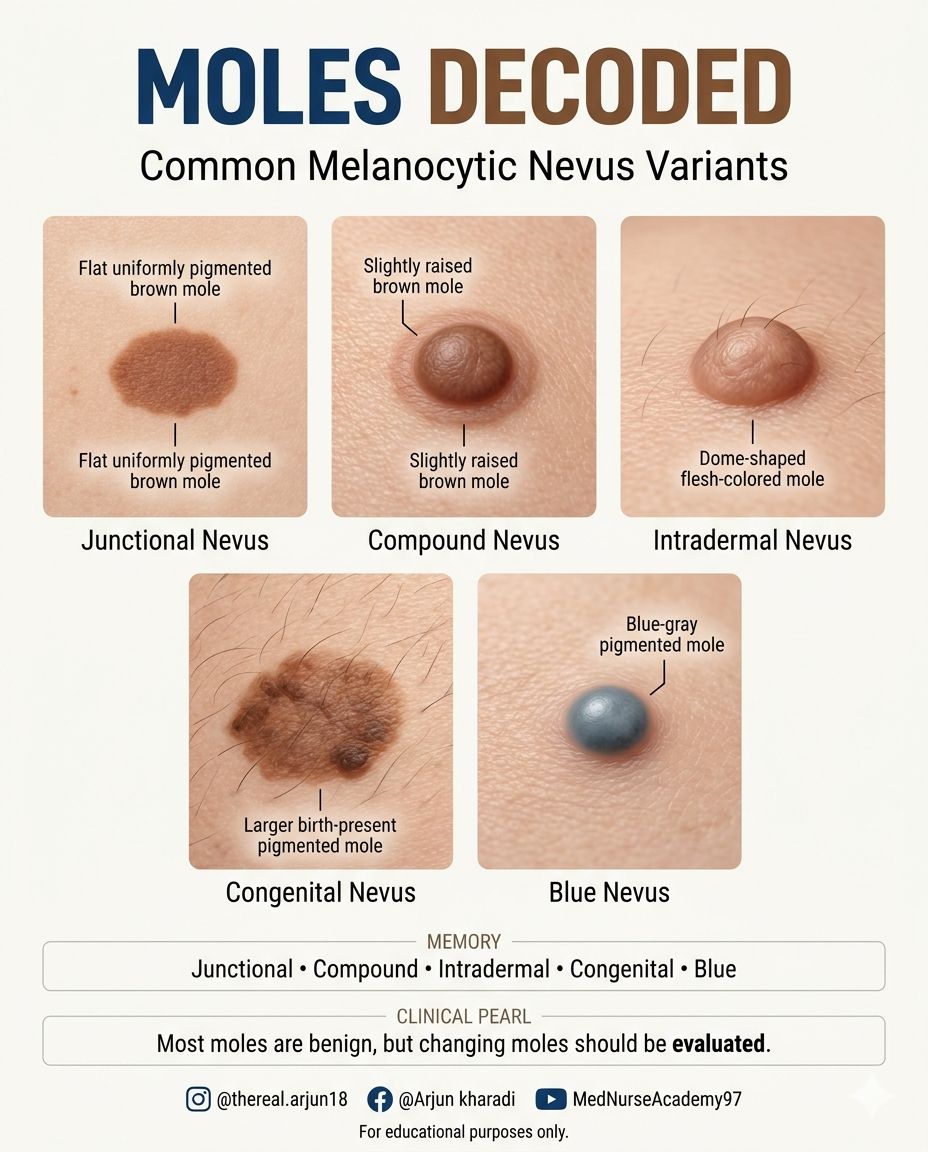 🩺 Moles are common skin growths formed by clusters of pigment-producing cells called melanocytes. Learning to recognize common melanocytic nevus variants can strengthen skin assessment skills and help identify features that may