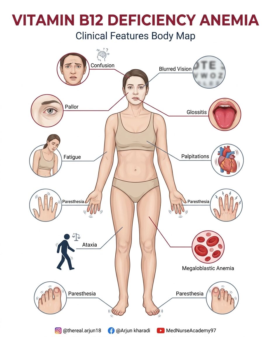 🩸 Vitamin B12 deficiency doesn't just affect red blood cells—it can impact the brain, nerves, energy levels, and overall body function. Recognizing the clinical features early is a high-yield skill for nursing