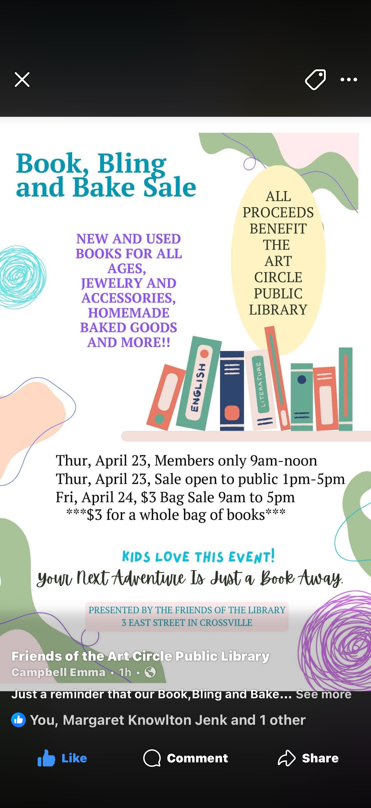 Friends of the Library April Book, Bling and Bake Sale