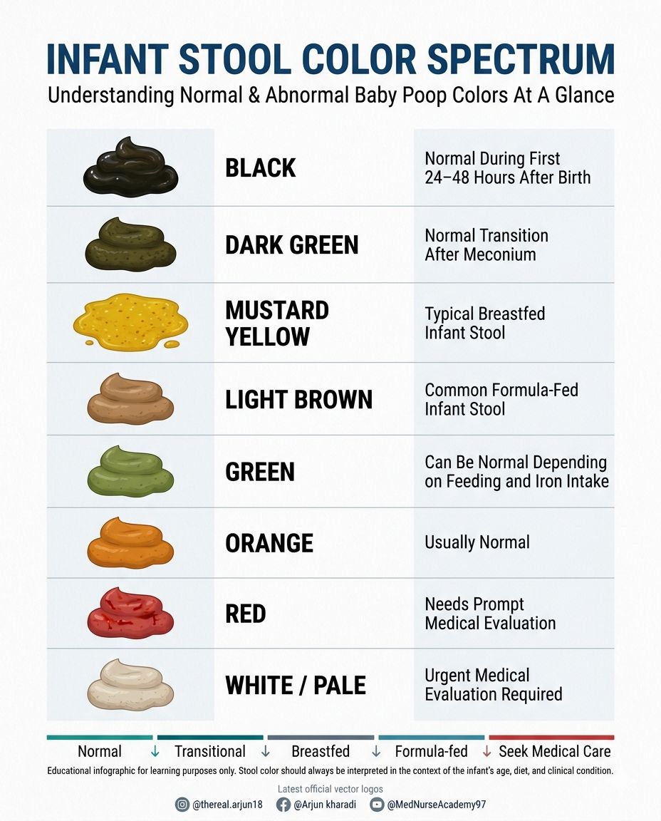 Infant stool color changes with age, feeding method, and diet, but certain colors may signal an underlying medical condition. Understanding the normal and abnormal baby poop color spectrum is a high-yield concept