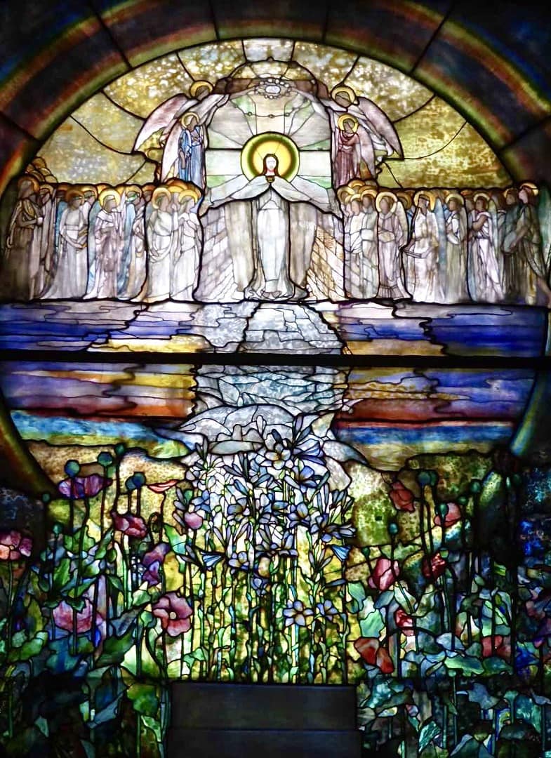 The Flight of Souls stained glass window at the Wade Memorial