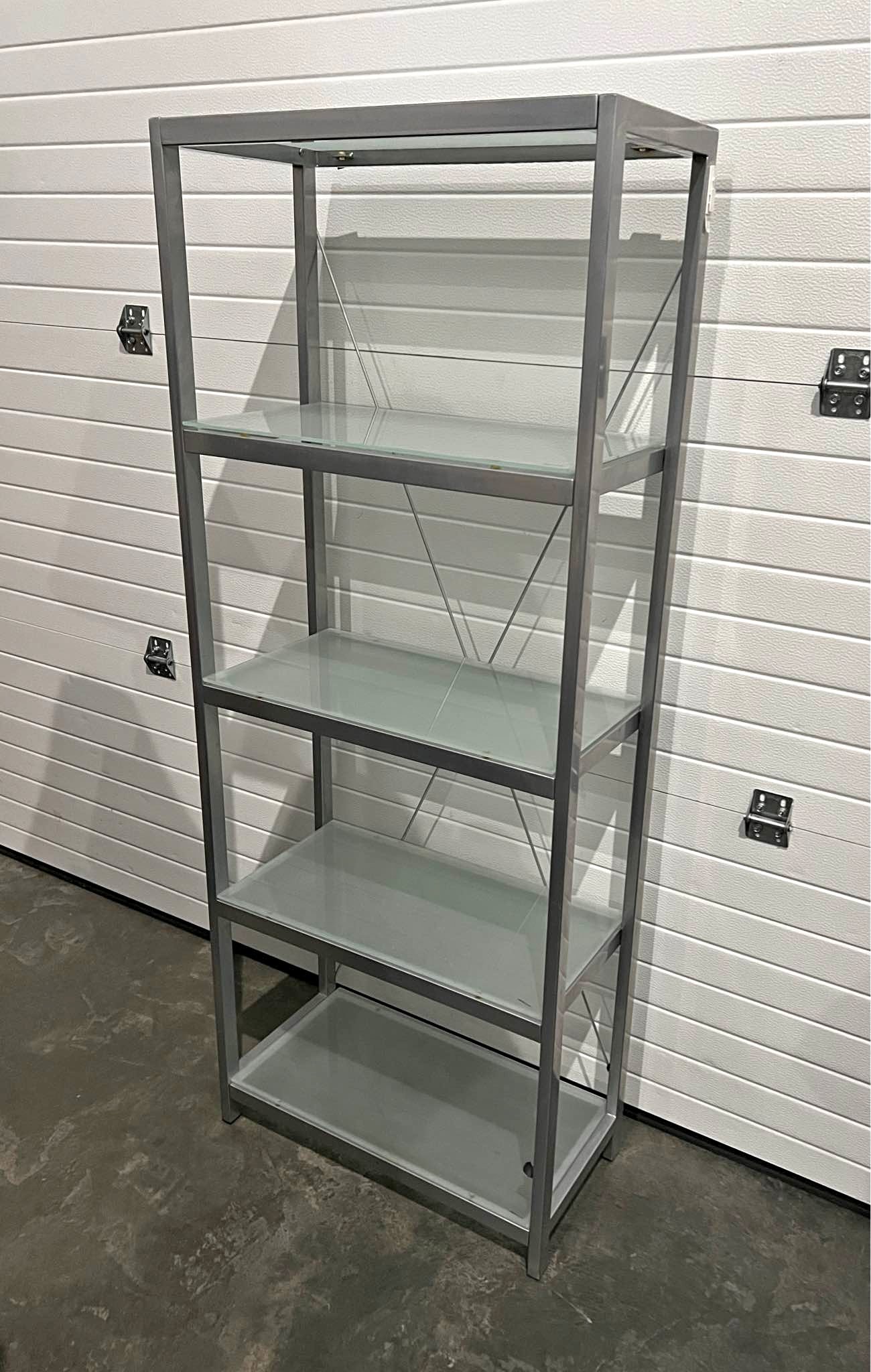 LIKE NEW 5-Tier Gray Steel Shelf Unit with Frosted Tempered Glass