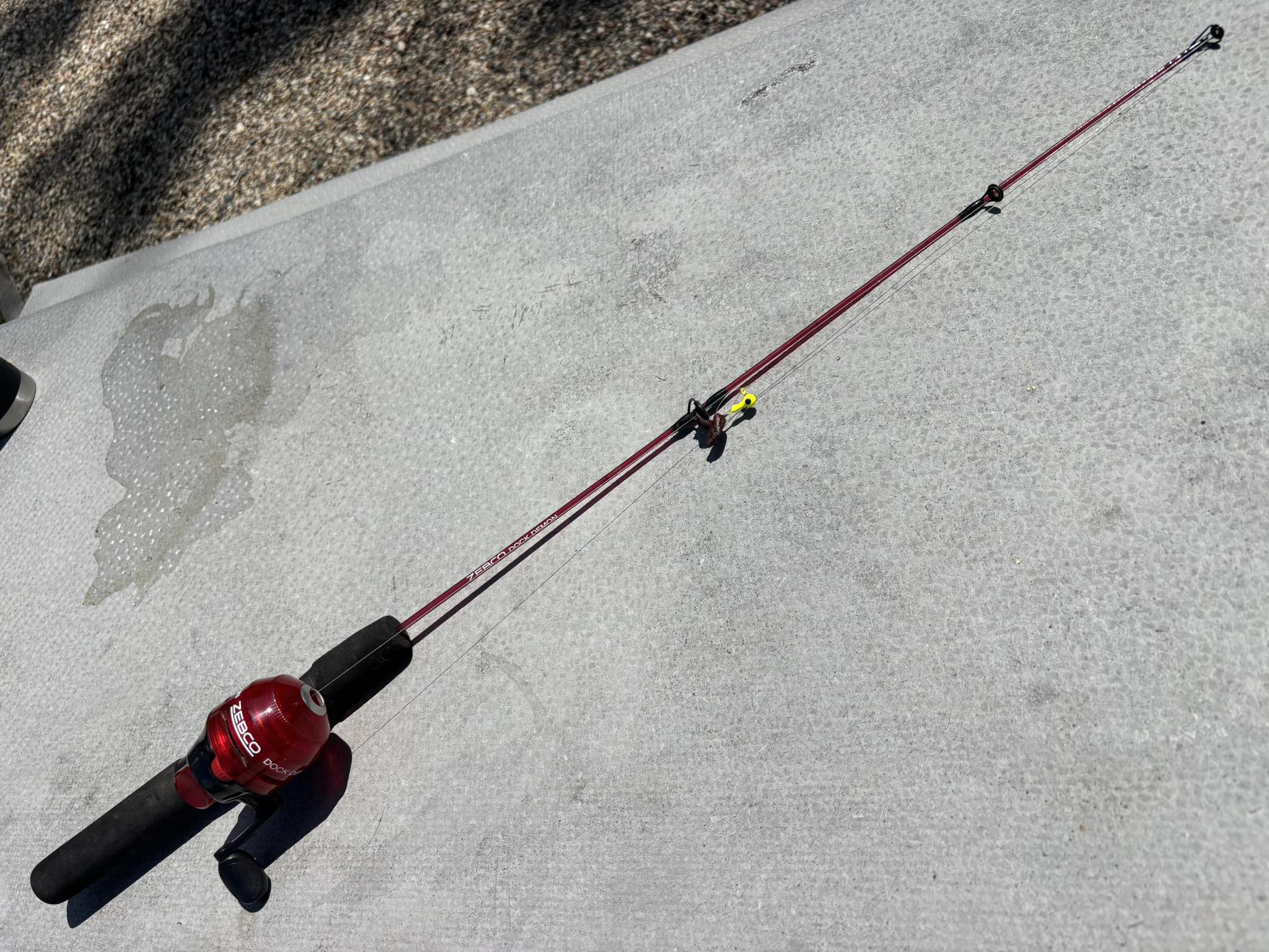 dock devil fishing pole Zebco Demon Spincast Reel and Rod Combo, 30-Inch 1-Piece Fiberglass Fishing with EVA Handle, QuickSet Anti-Reverse Fishing Reel, Pre-Spooled with 6-Pound Zebco Line, Purple : Sports & And the push FREE!!! Lightly used child's fishing