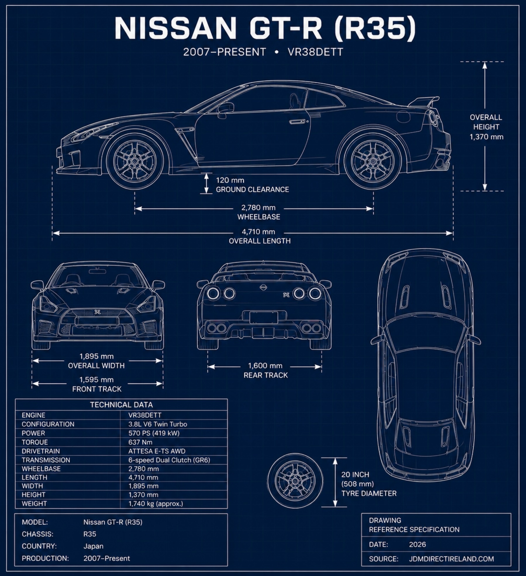 Free Nissan GT-R (R35) technical blueprint poster