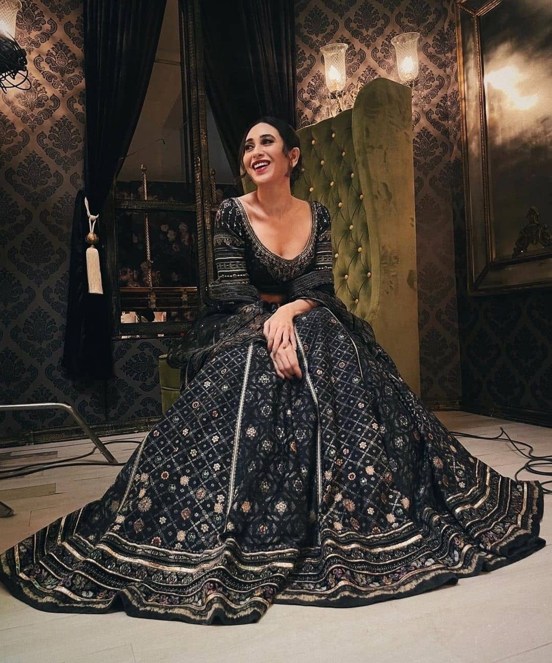 Karisma Kapoor is giving us festive goals in this subtle tone lehenga by couturier Rahul Mishra. Find the designer's collection at the Aza stores and online here at http://bit.ly/2DMso51. #aza #azafashions #rahulmishra #