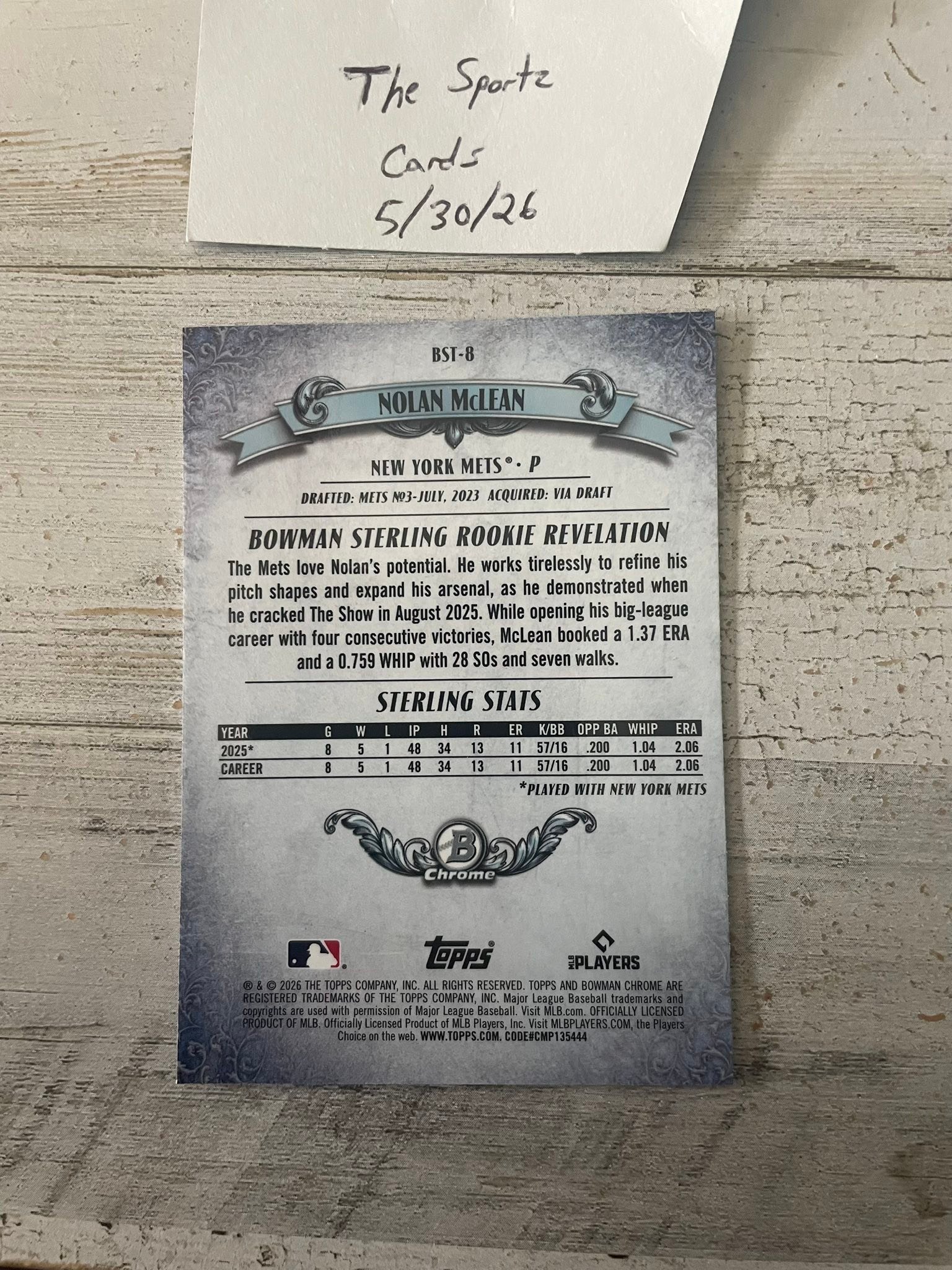 Nolan McLean Bowman Chrome rookie card auction